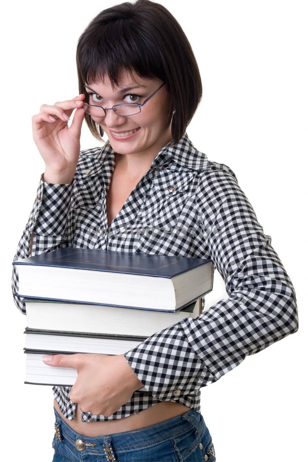 Charming student with thick books on a white background.