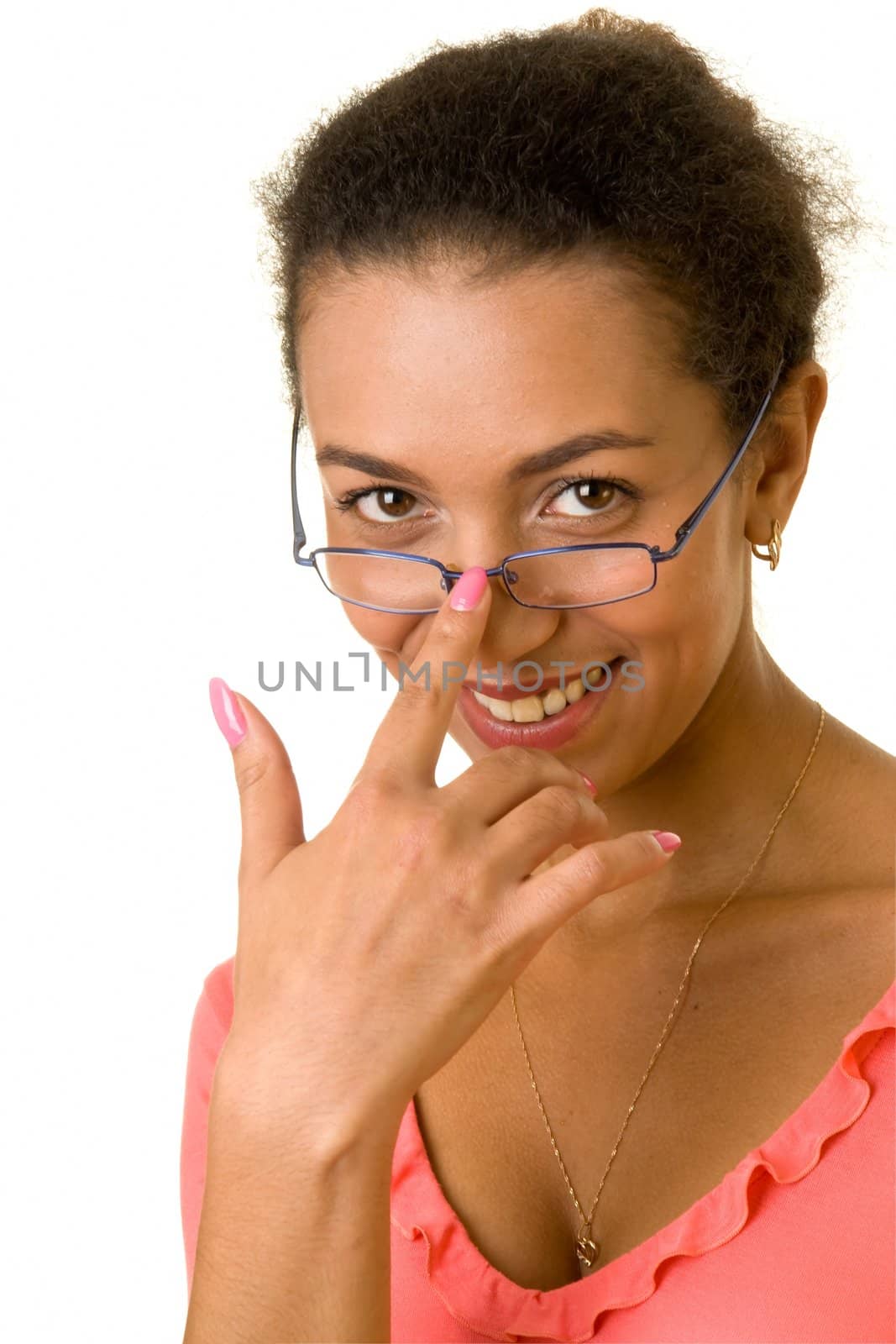 Beautiful woman corrects glasses on a white background.