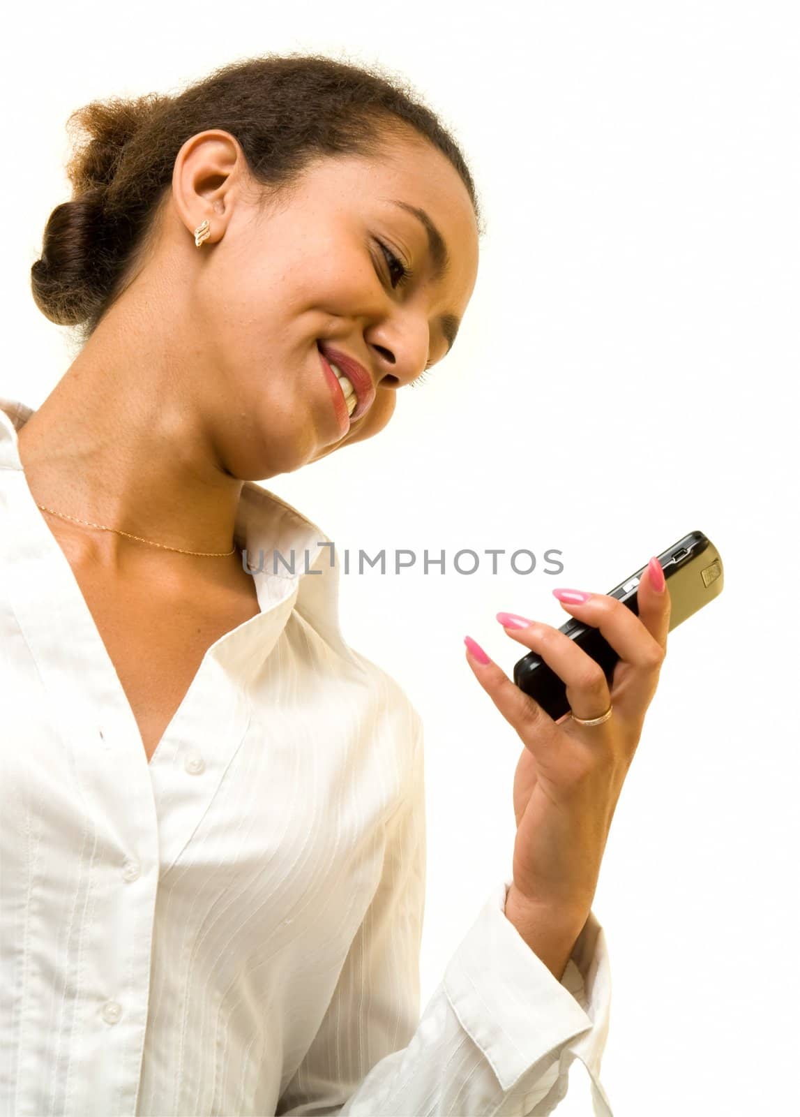 smiling woman with mobile phone on a white background