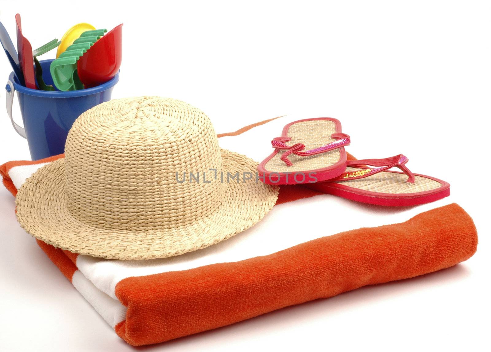 Items necessary for the beach on a white background.