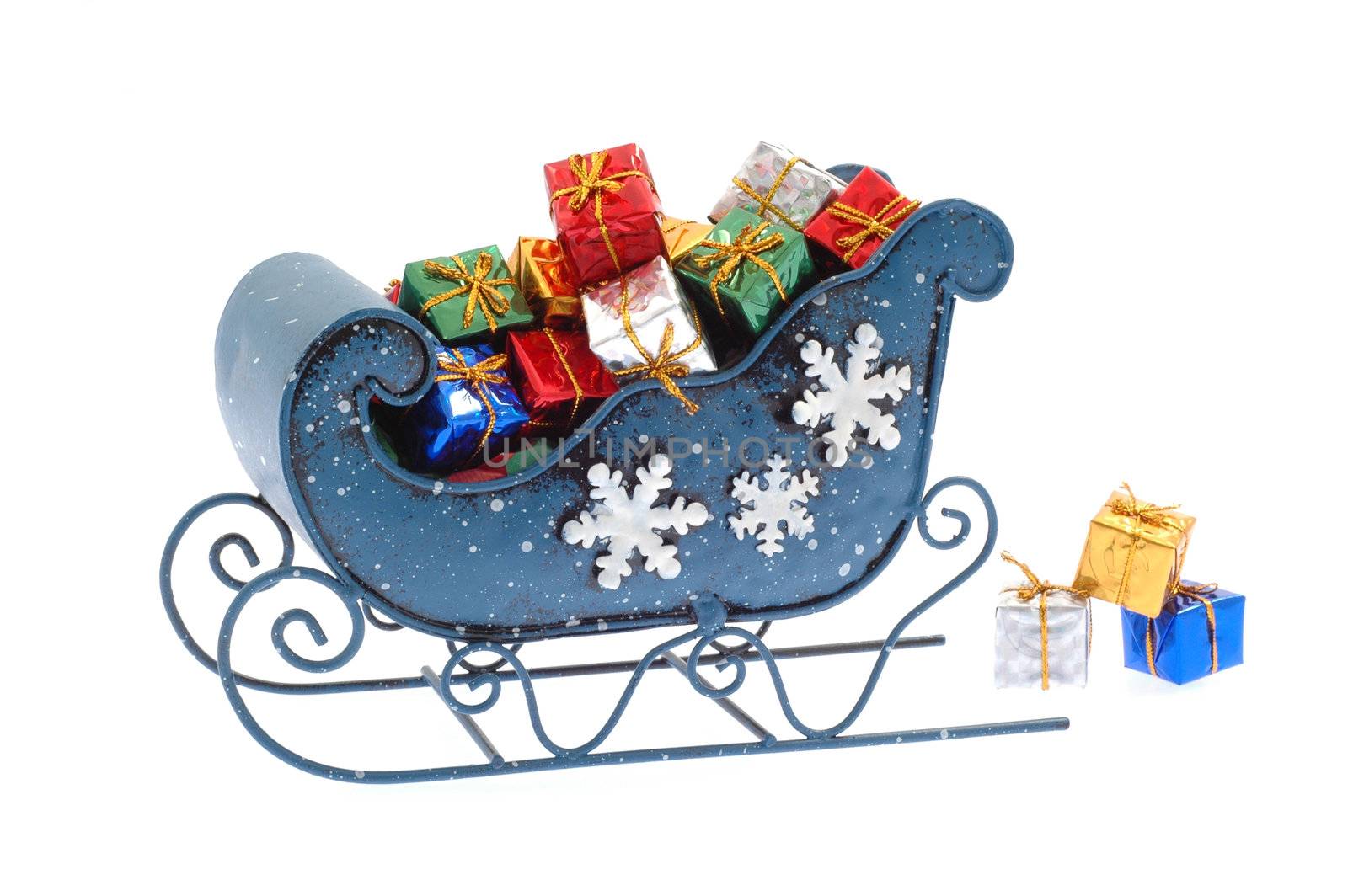 Blue sleigh filled with many colorful presents.