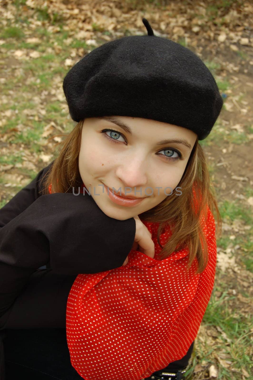 Woman portrait in beret outdoor