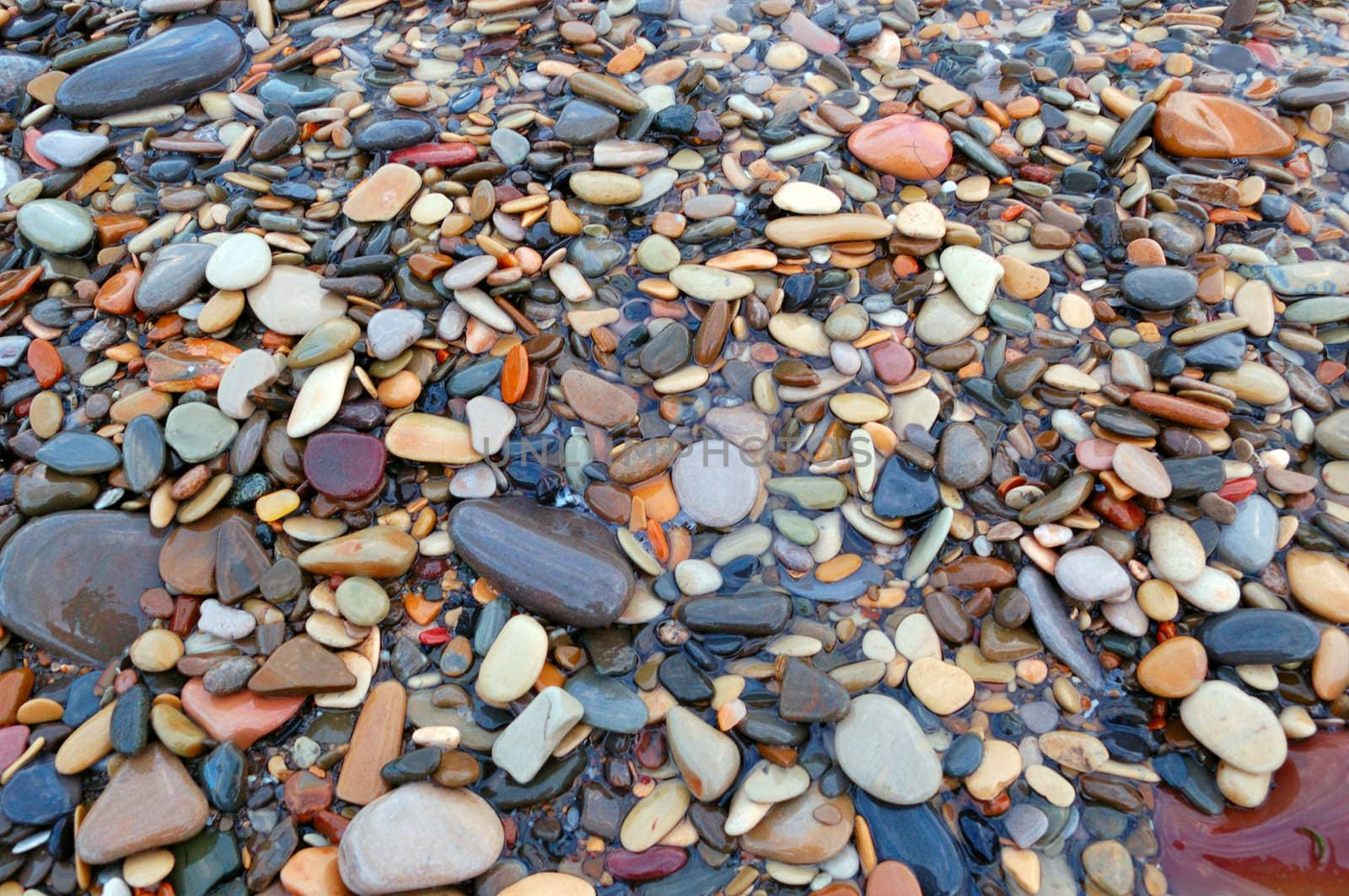 closeup of sea shore with pebbles covered with film of water