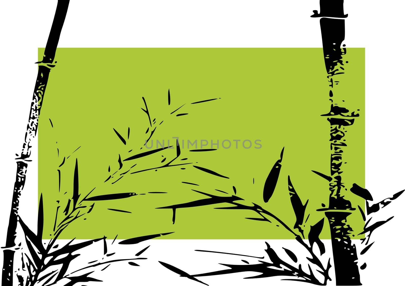 Abstract bamboo illustration with green element on white background.