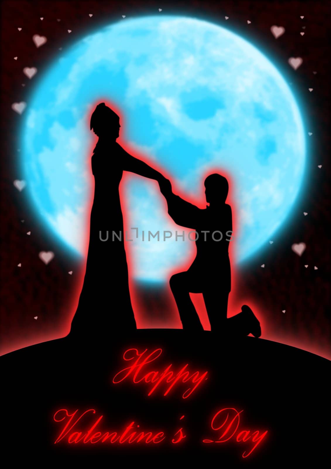 A man kneeling on one knee and proposing in front of a blue moon.