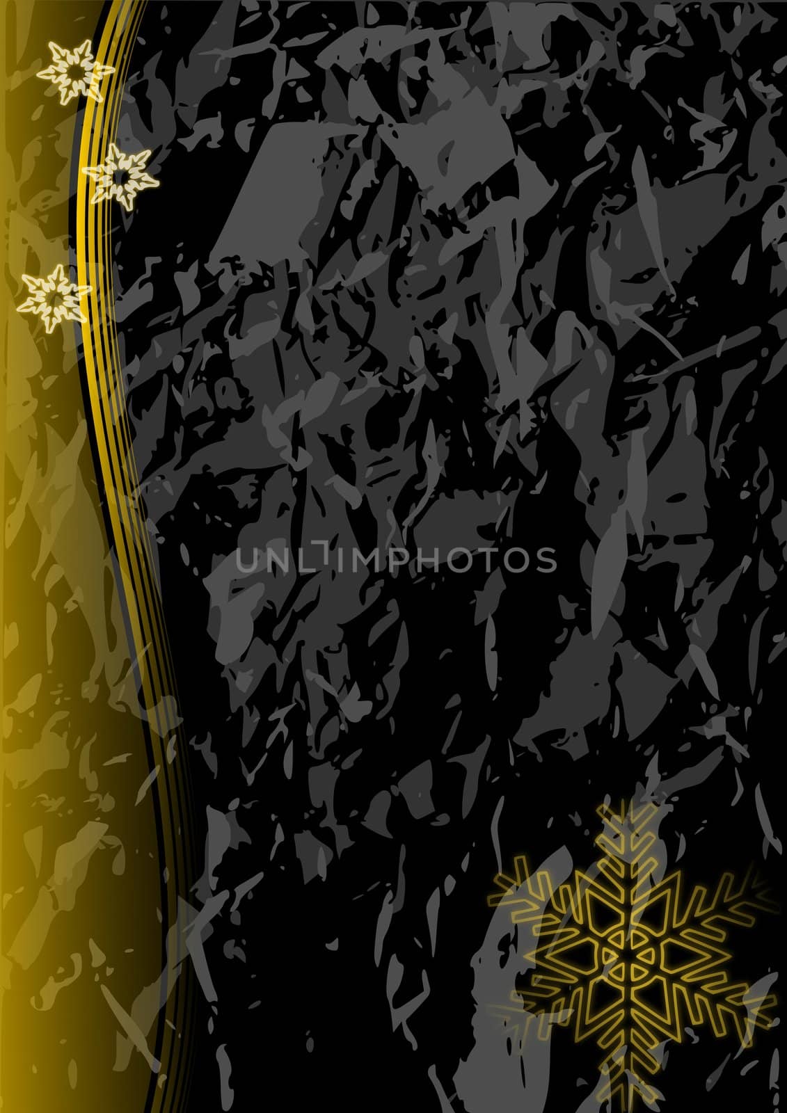 Christmas illustration of glowing yellow snowflakes on a black marble like background.