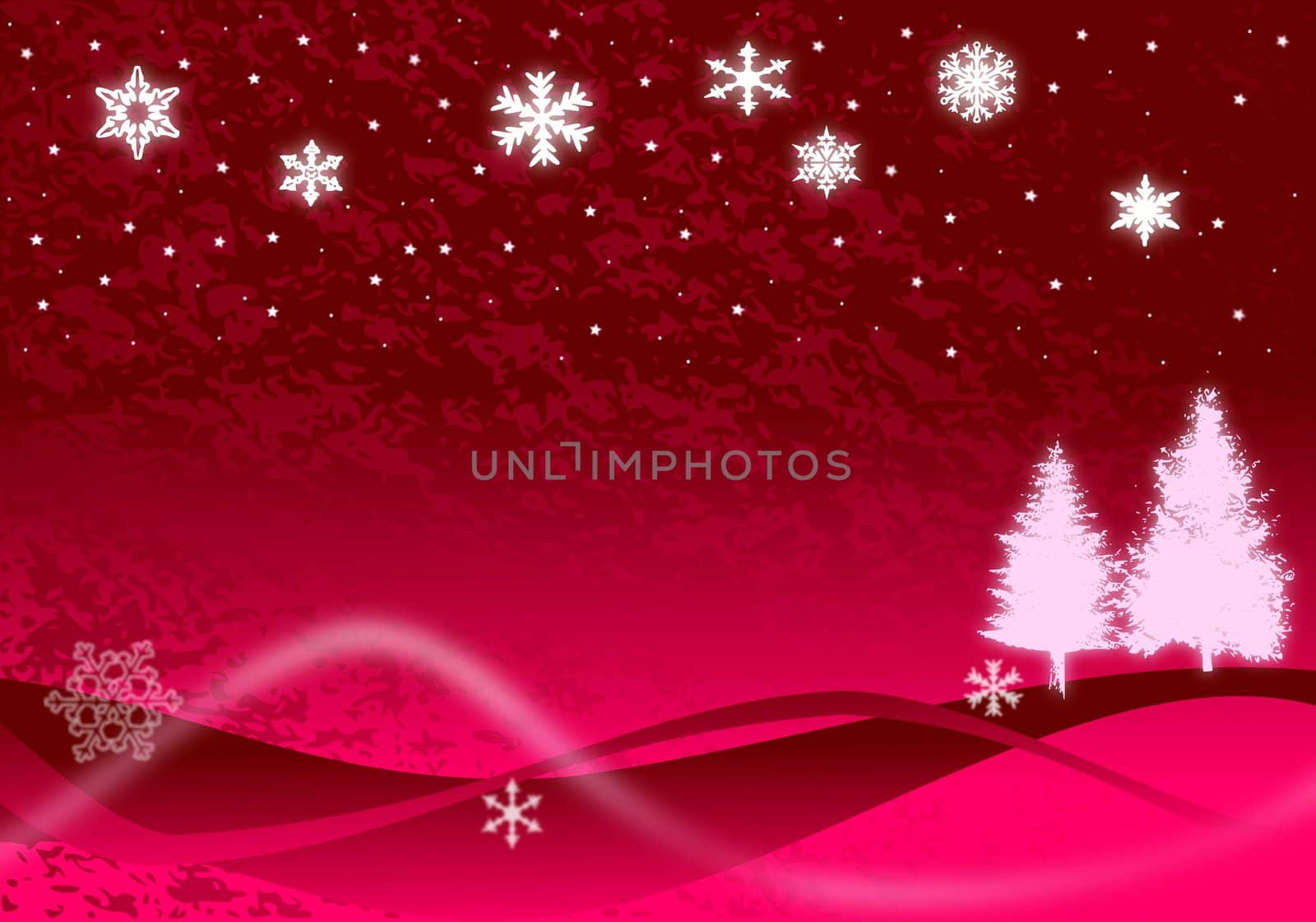 Christmas illustration of glowing snowflakes, Christmas trees, and stars with abstract snow drifts and blowing snow on red.
