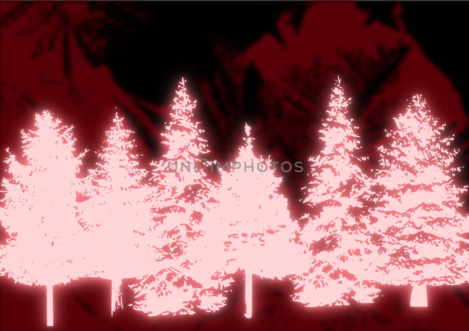 A line of glowing red Christmas trees against an abstract background.