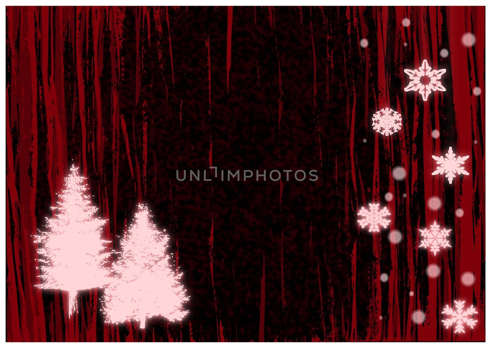 Christmas illustration of glowing red snowflakes and trees.