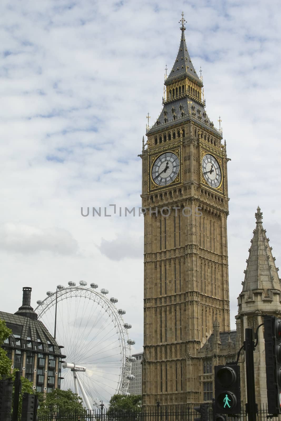 A picture of London Eye and Big Ben in London.