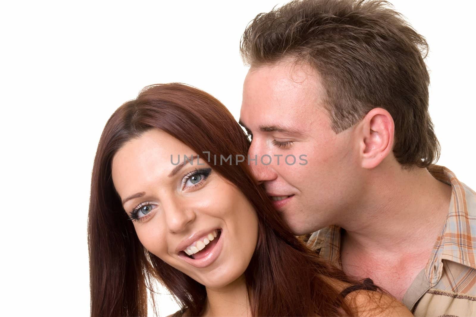 Happy couple close up on a white background