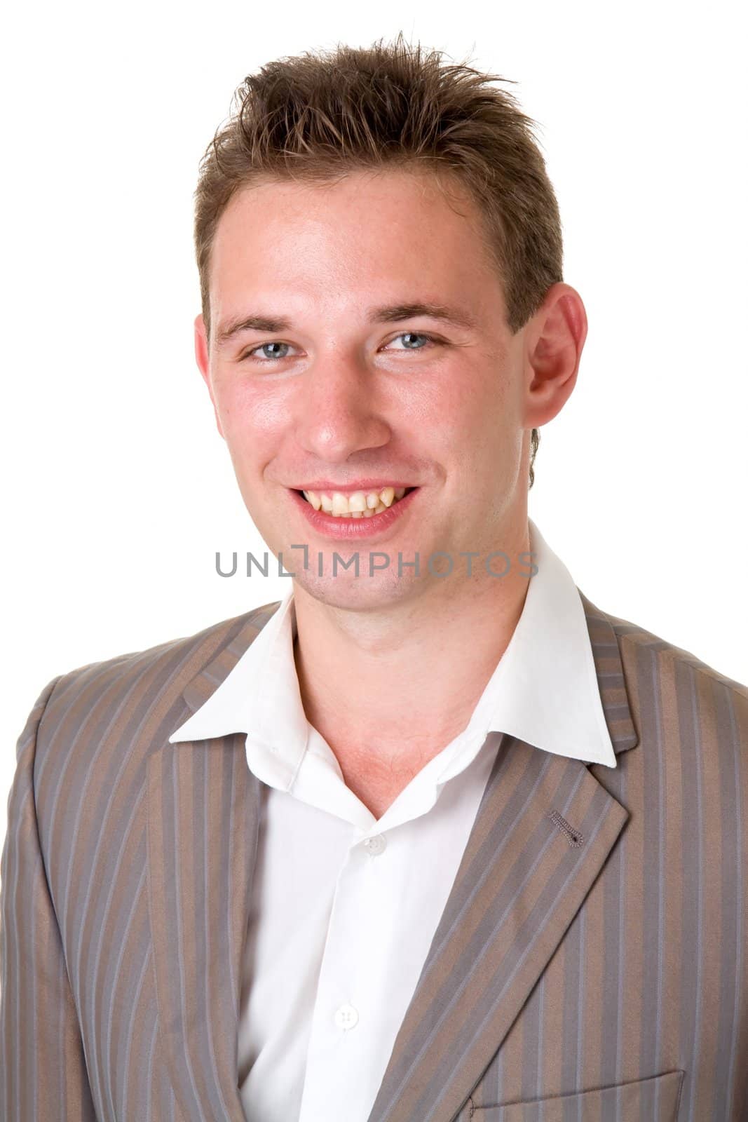 beautiful smiling man close up on a white background