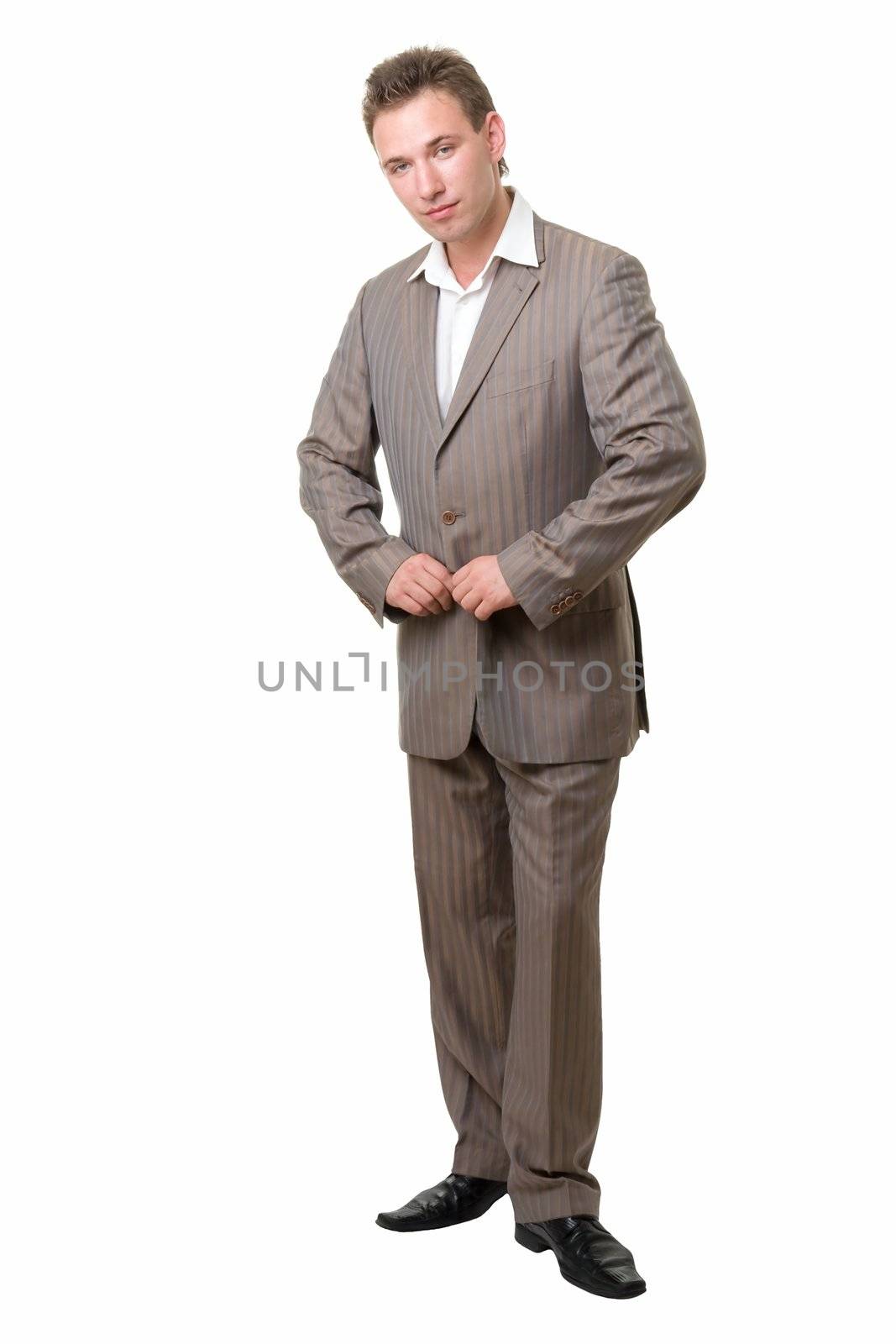 young man clasps button oneself up on a white background