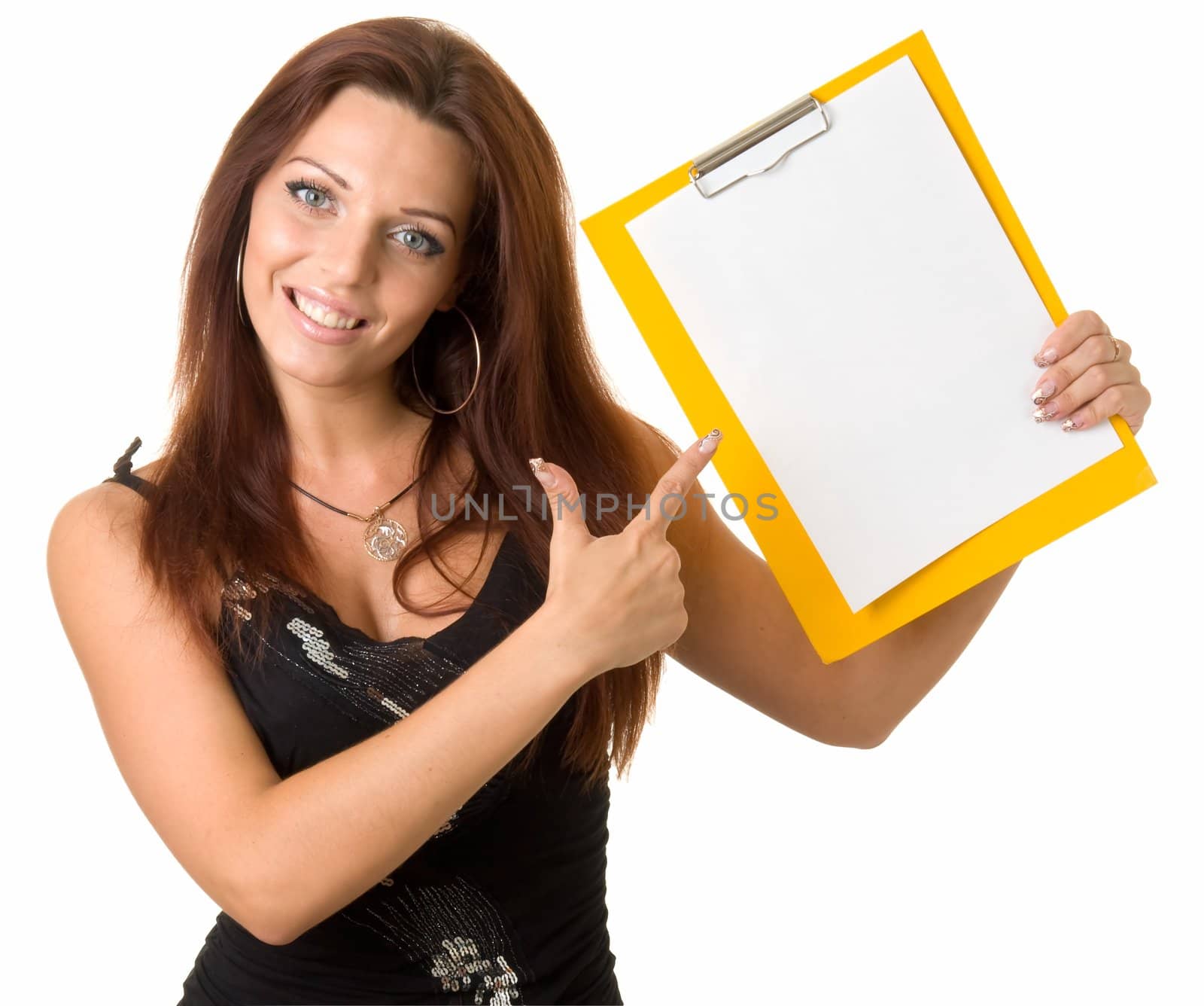 beautiful smiling girl with blank paper on a white background