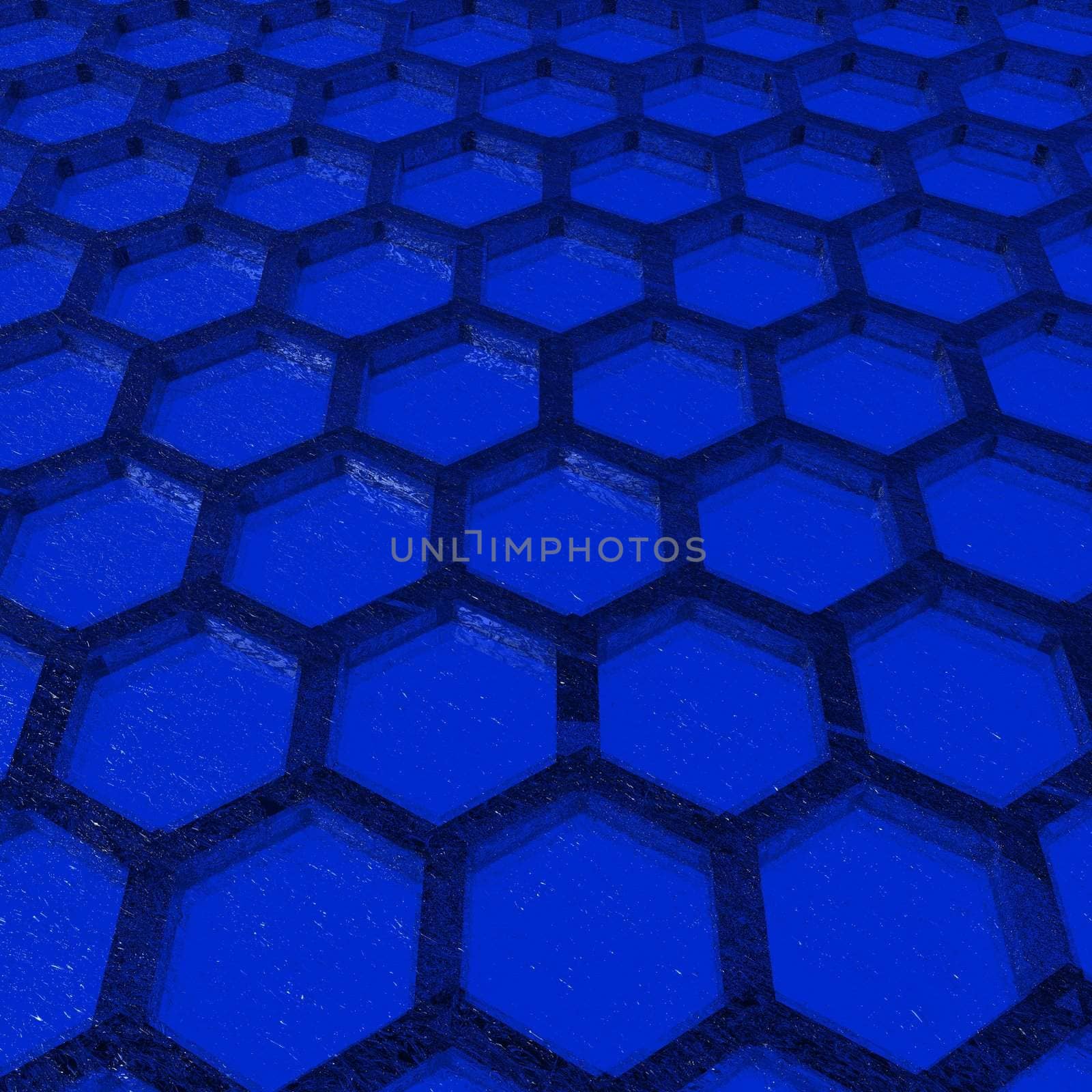 An illustration of a blue honeycomb with a textured glass appearance.