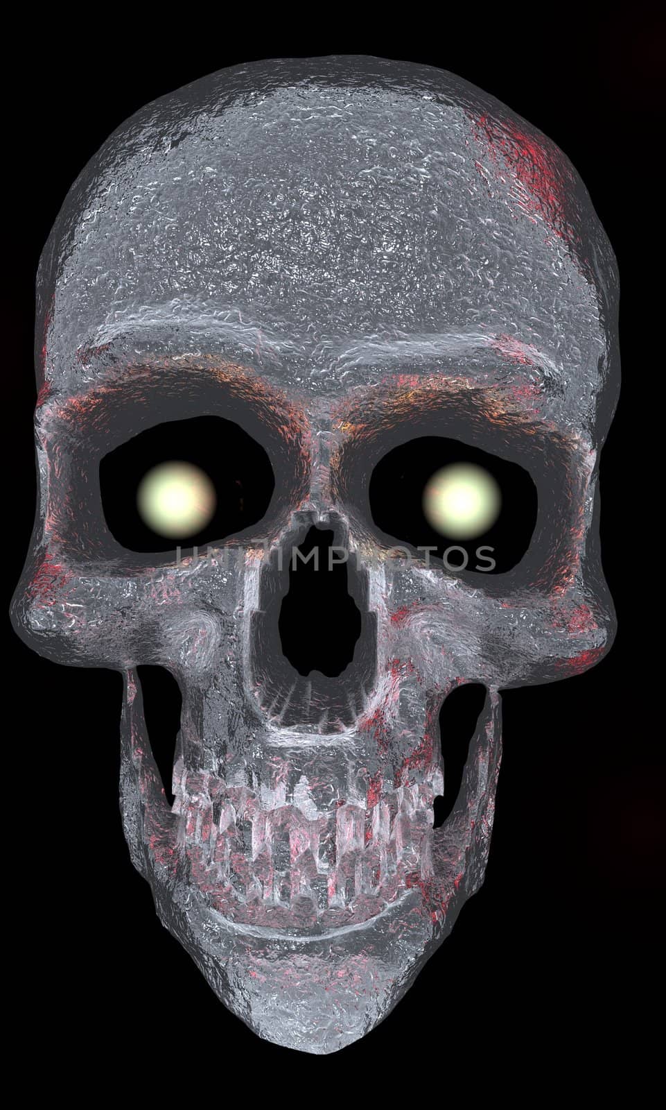 A digital skull with glowing eyes with an icy appearance.