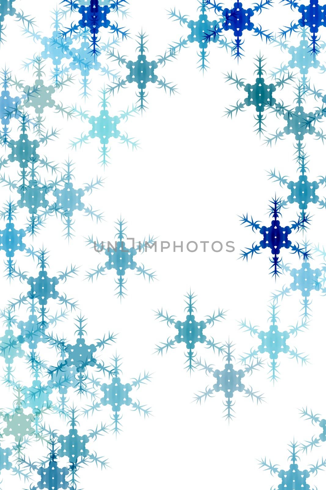 snowflakes in different blue colours on white background