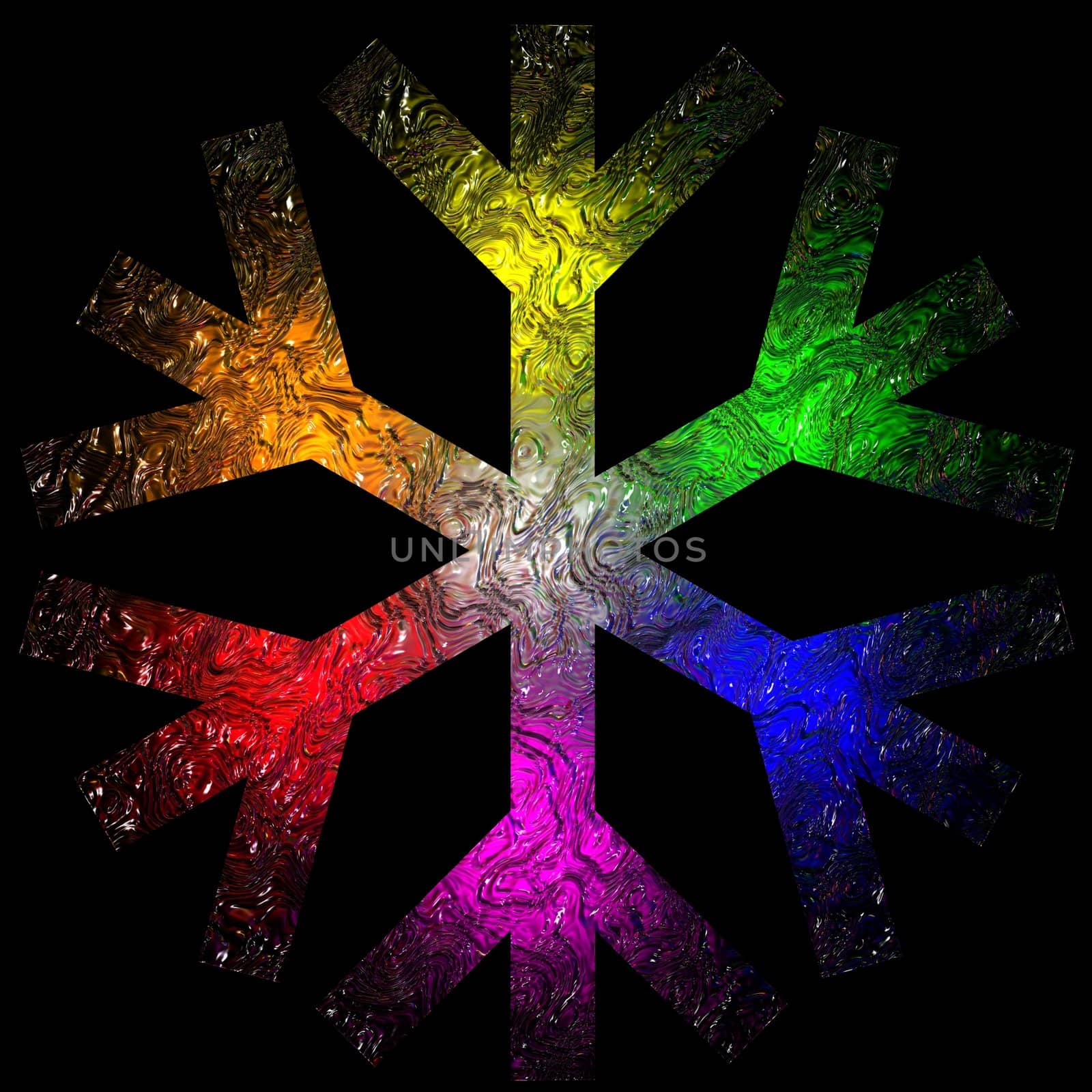 A crystal snow flake rendered with a rainbow of lights.