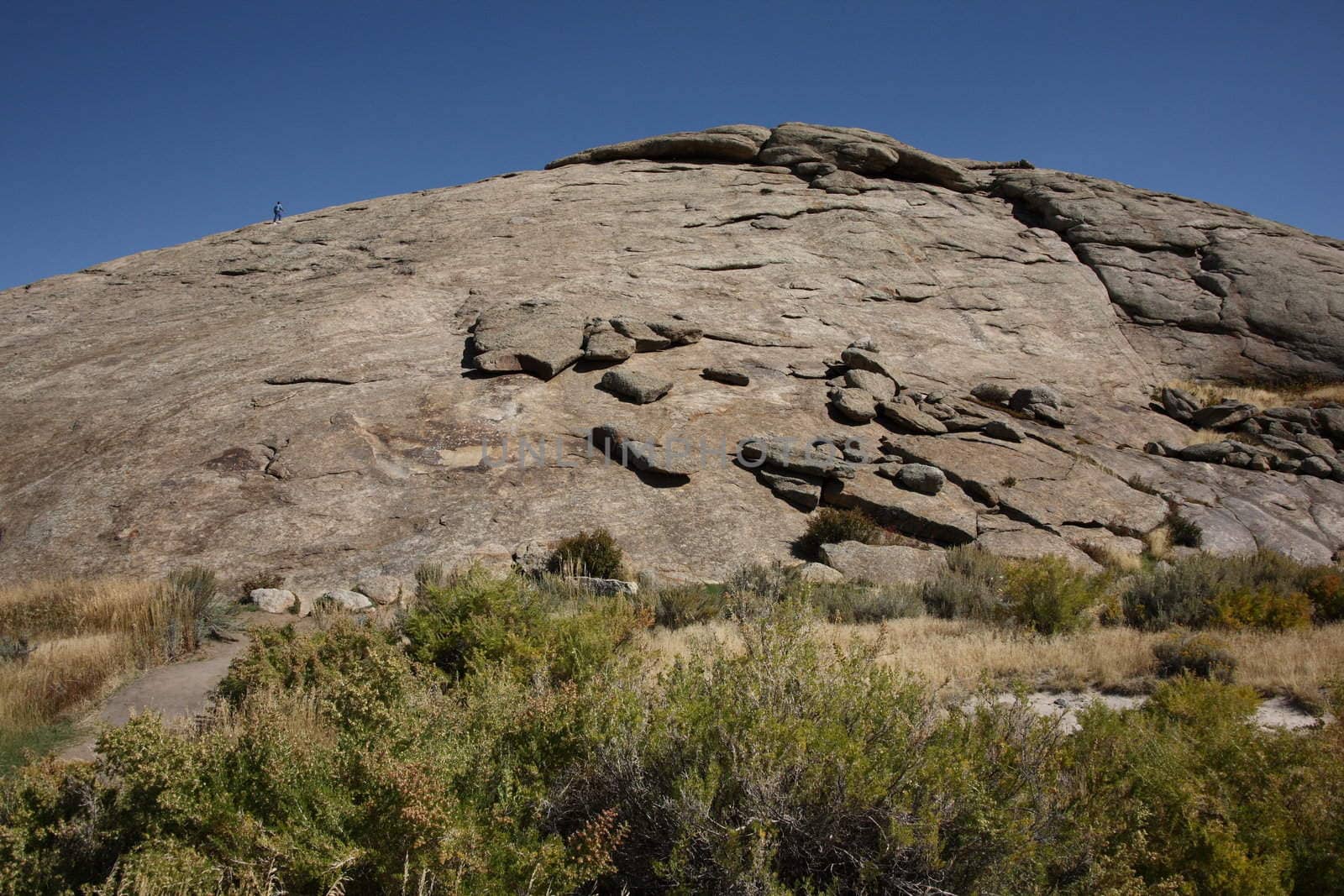 Large granite landmark rock along the Oregon Trail in Wyoming.