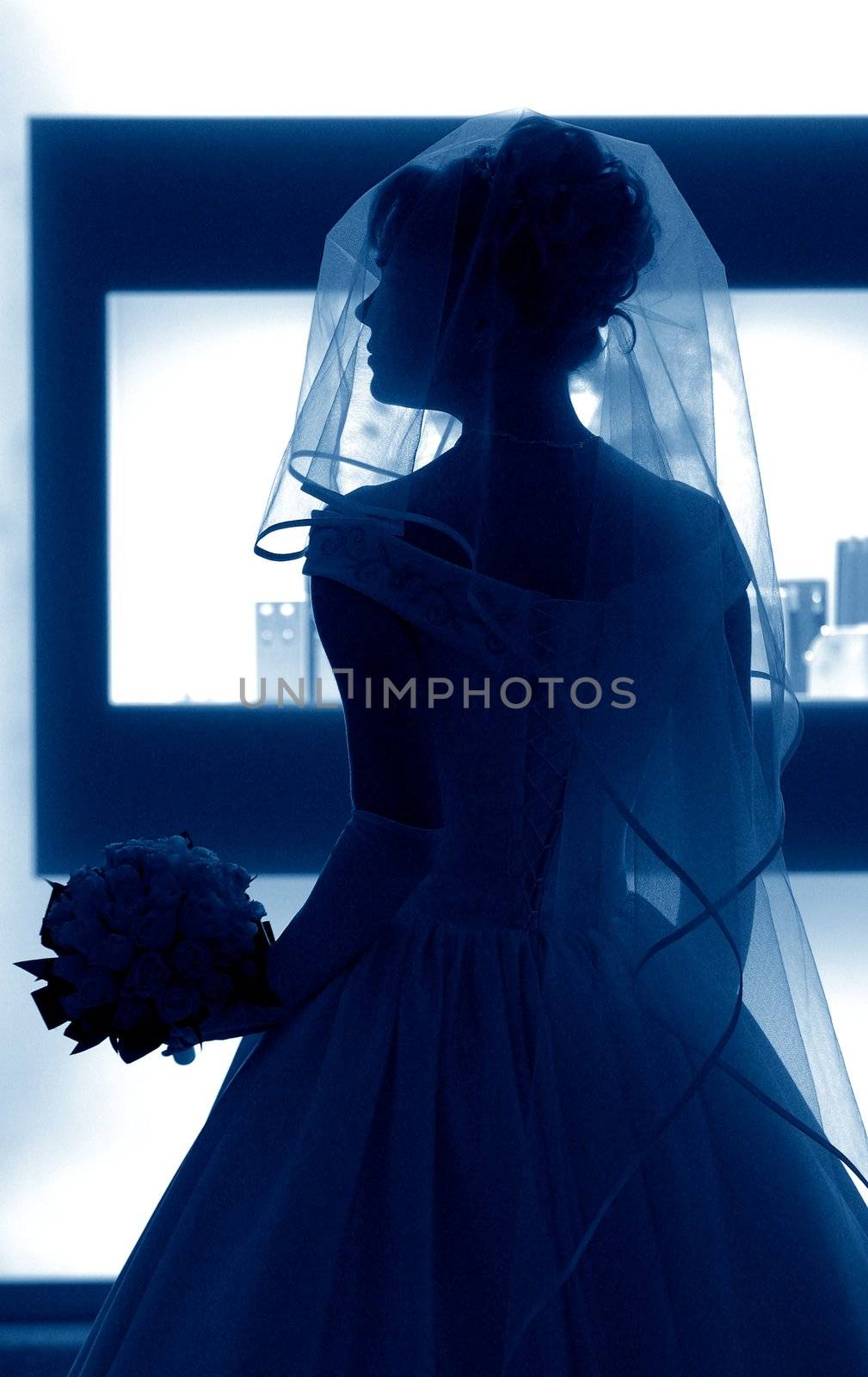 Silhouette of a beautiful bride in a traditional white wedding dress, stood by window with veil and bouqet.