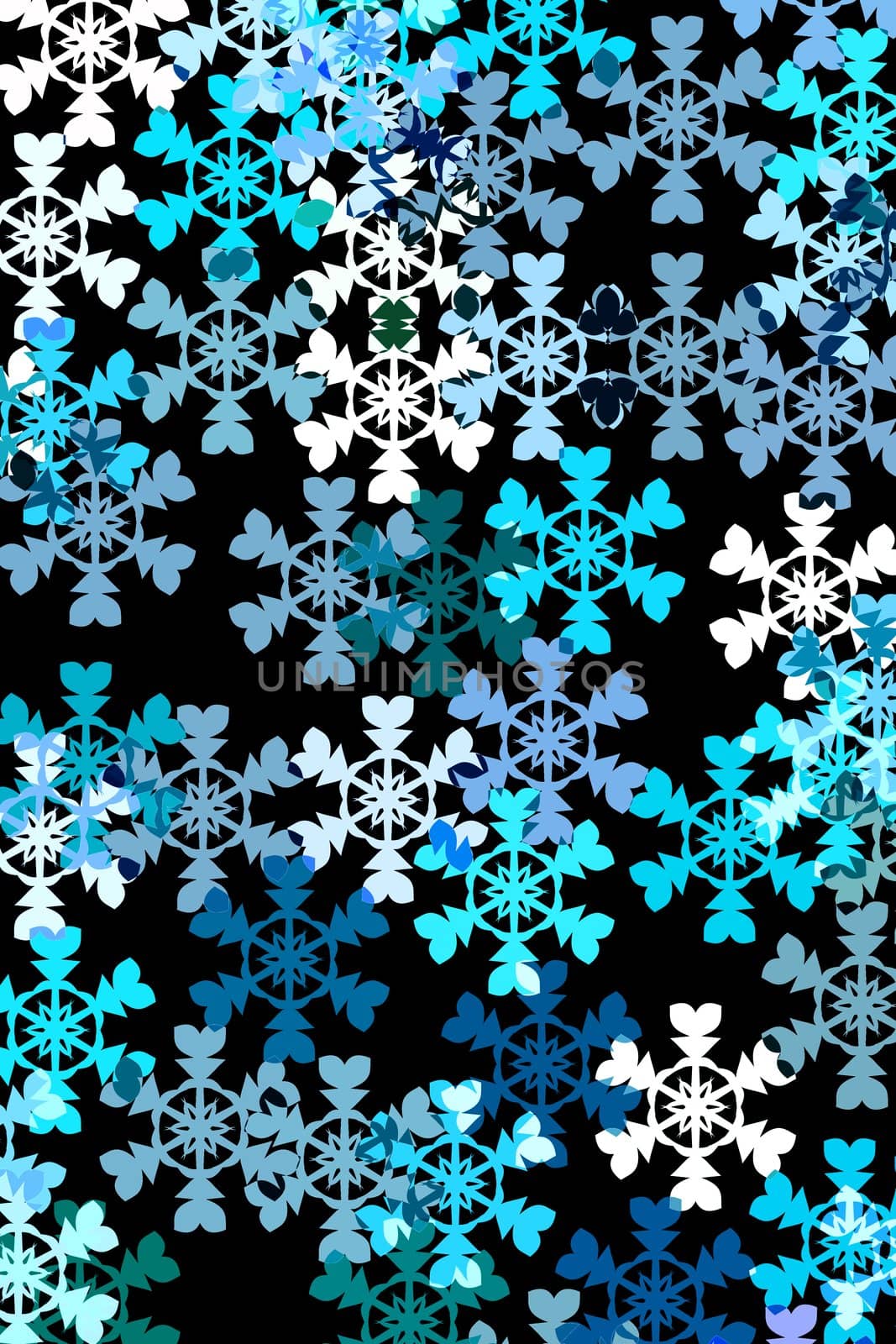 snowflakes in different blue colours and white on black background