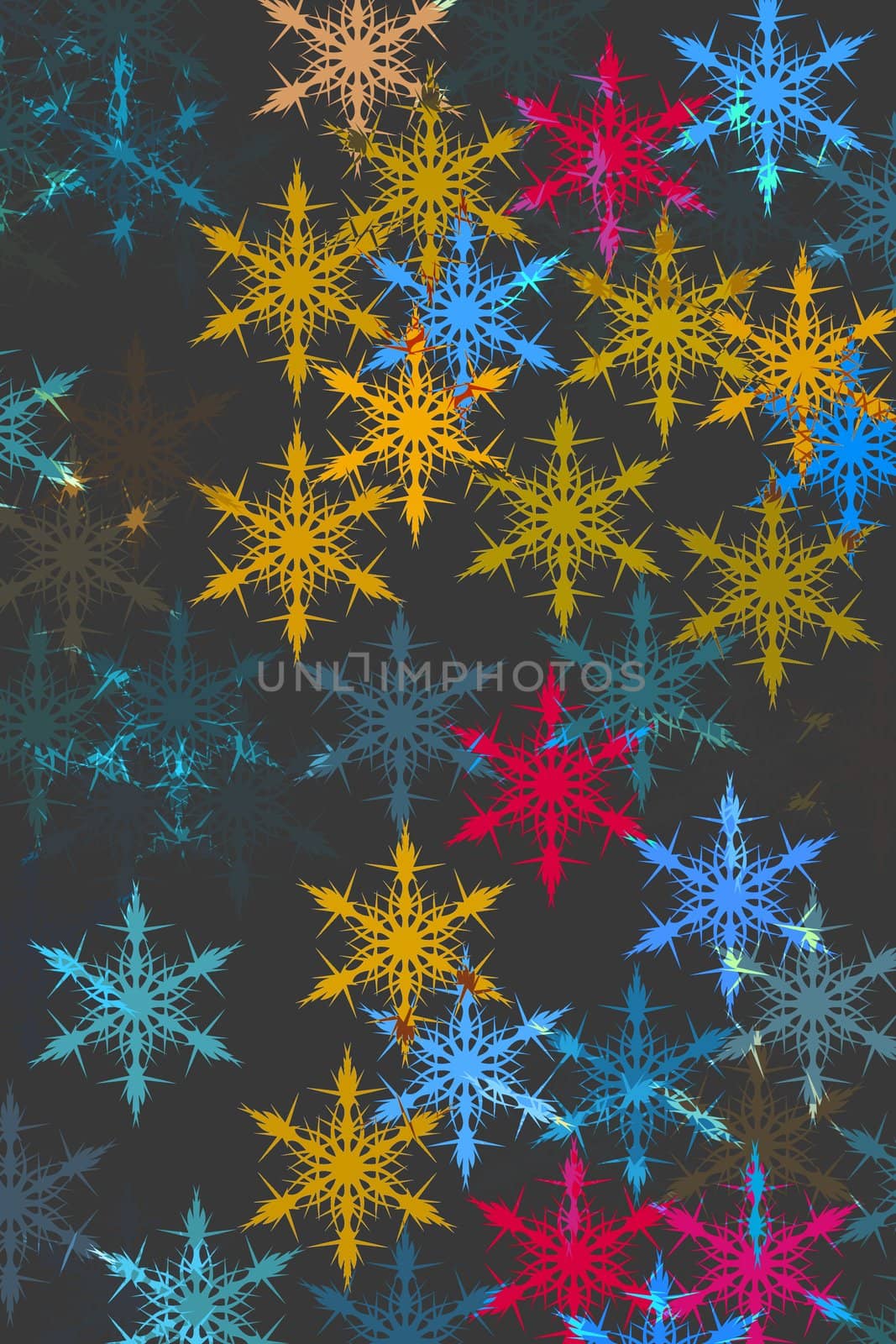 snowflakes in different  colours on black background