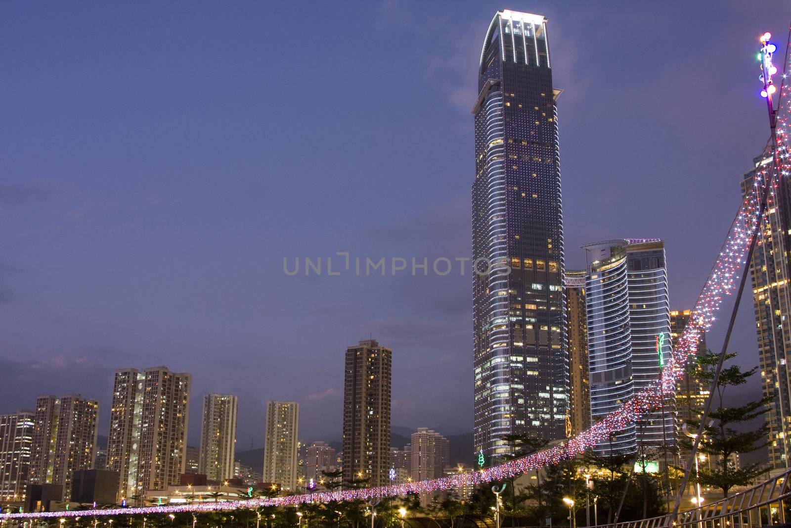 Hong Kong at night with highrise buildings
