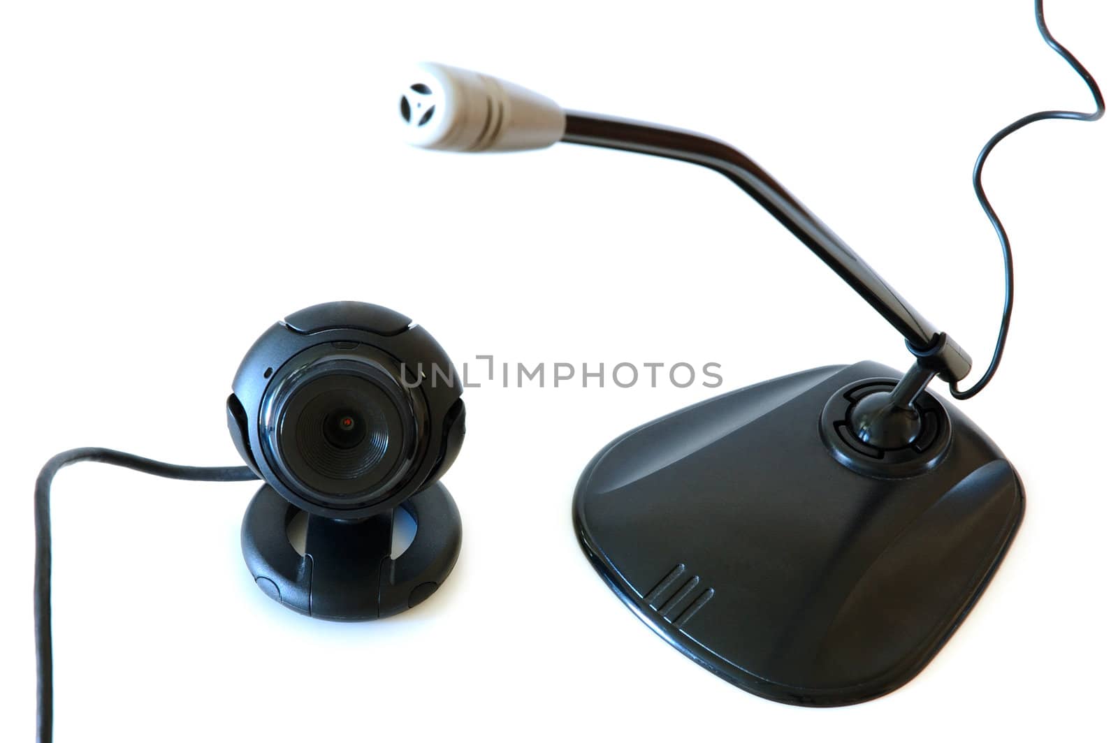Webcamera and computer microphone. Black coloured. On isolated background.