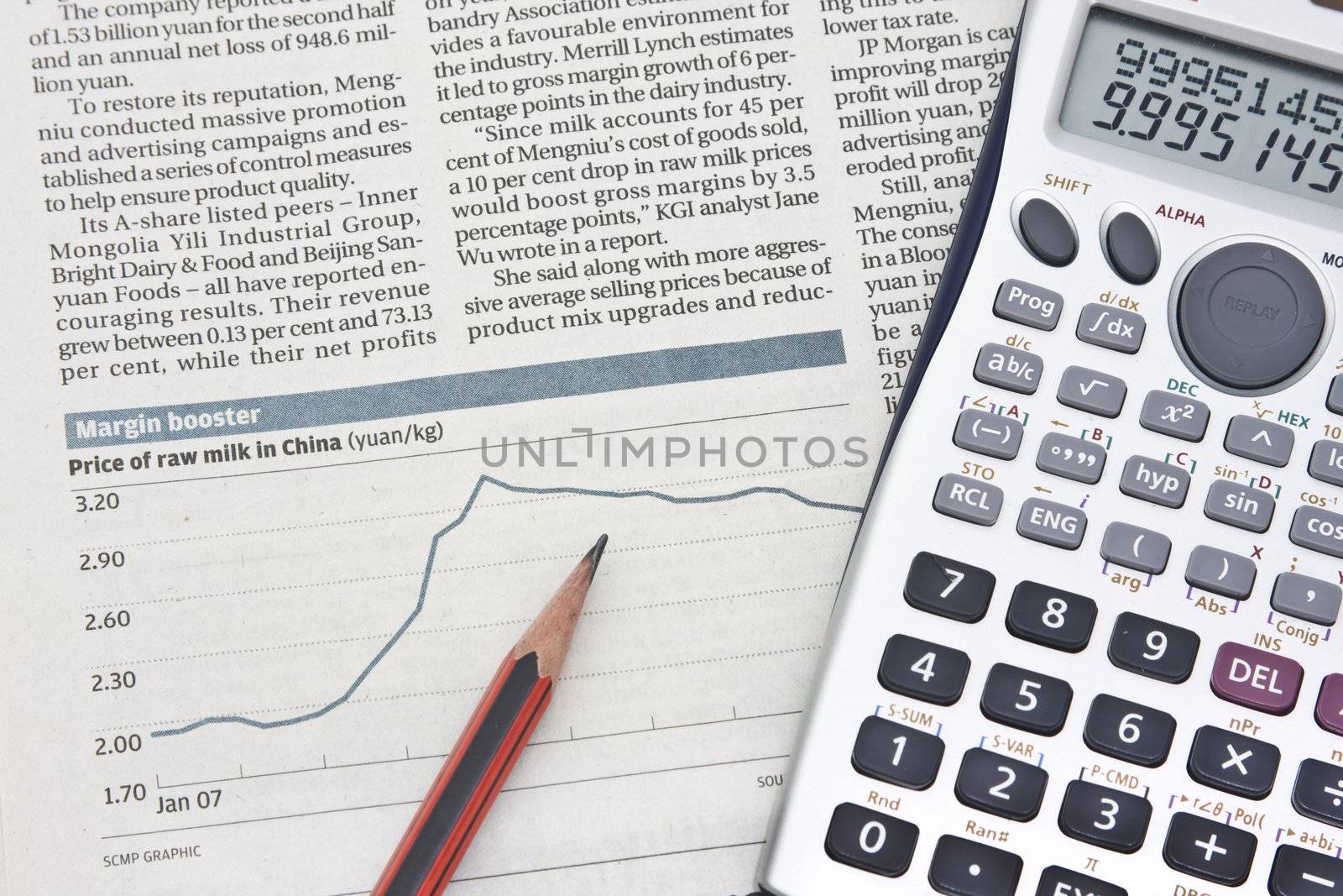 Stock chart with a calculating machine and a pencil.