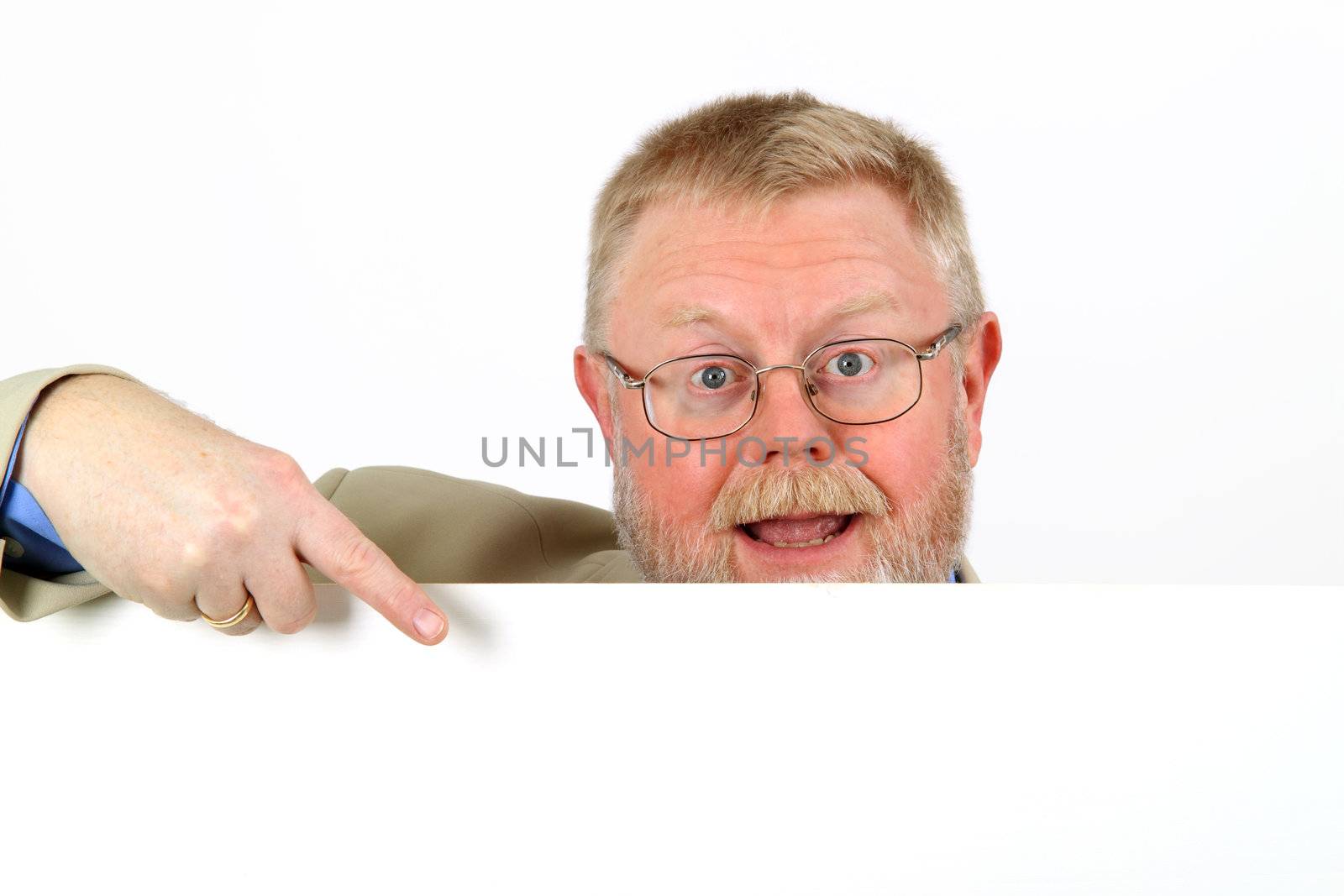 Businessman showing a blank clipboard, over a white background
