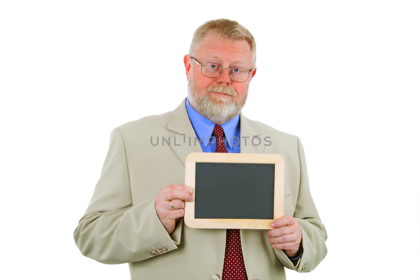 Businessman is holding a chalkboard- place for text, isolated on white background.