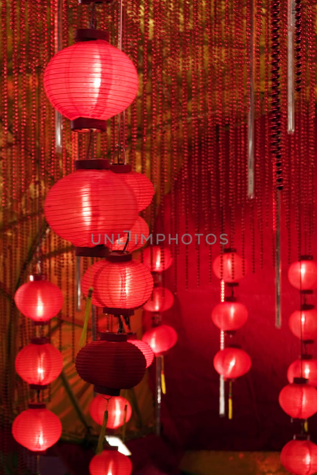 Big red lanterns with chinese letters printed. It brings good luck and peace to prayer. It was at night in a chinese temple during Chinese New Year.