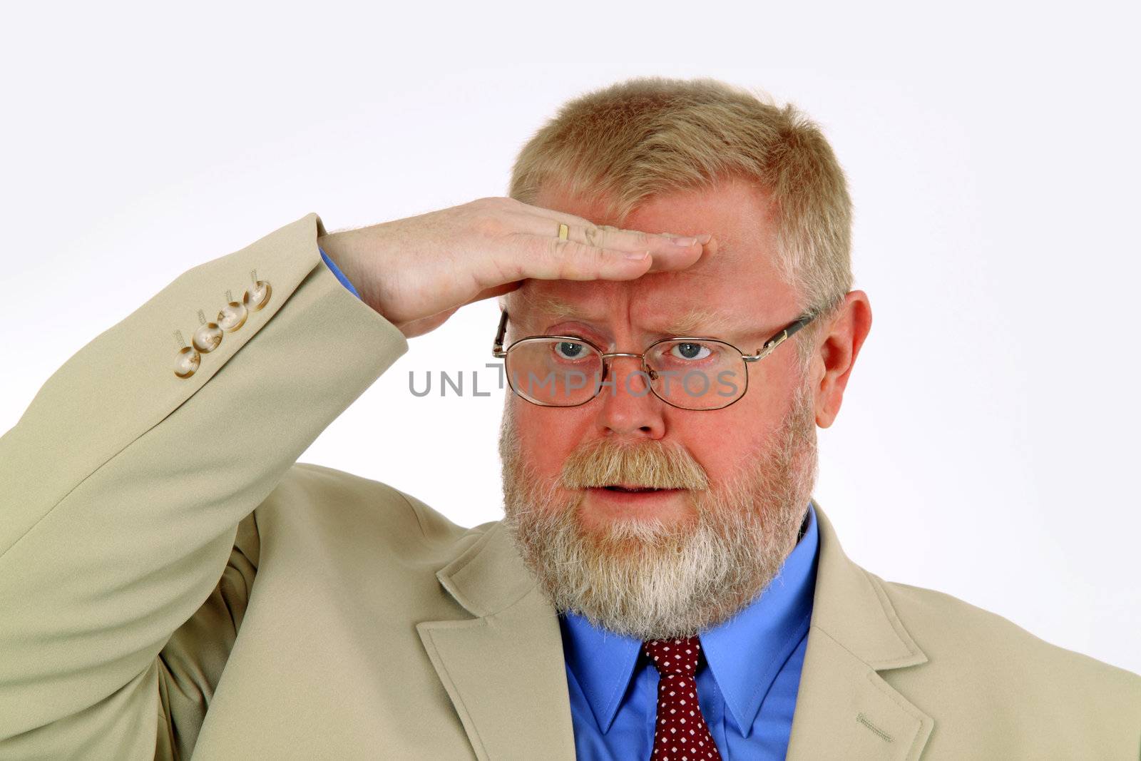 Hand signal from a senior businessman isolated on white background