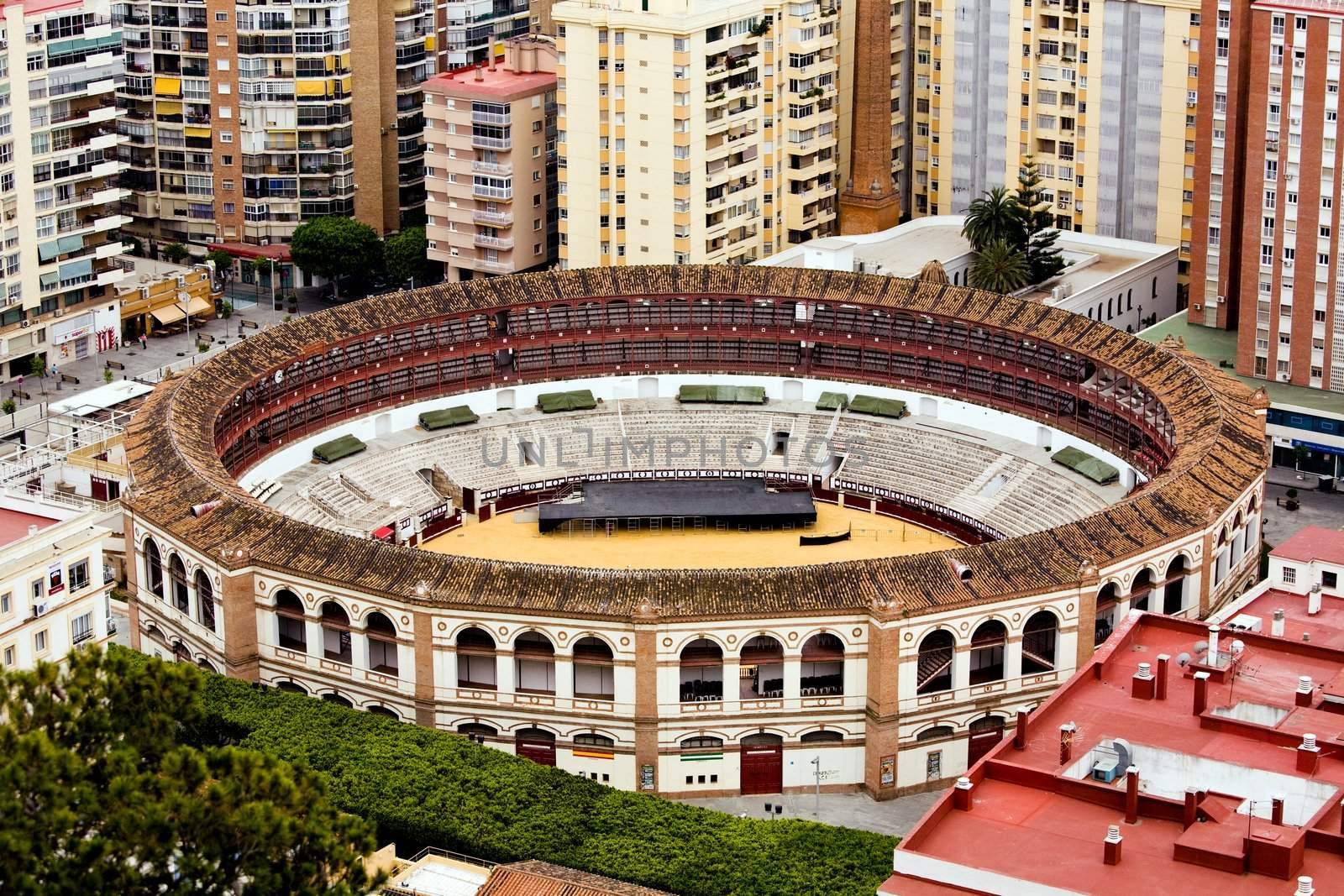 Bullring between buildings in Malaga, Spain, Andalusia