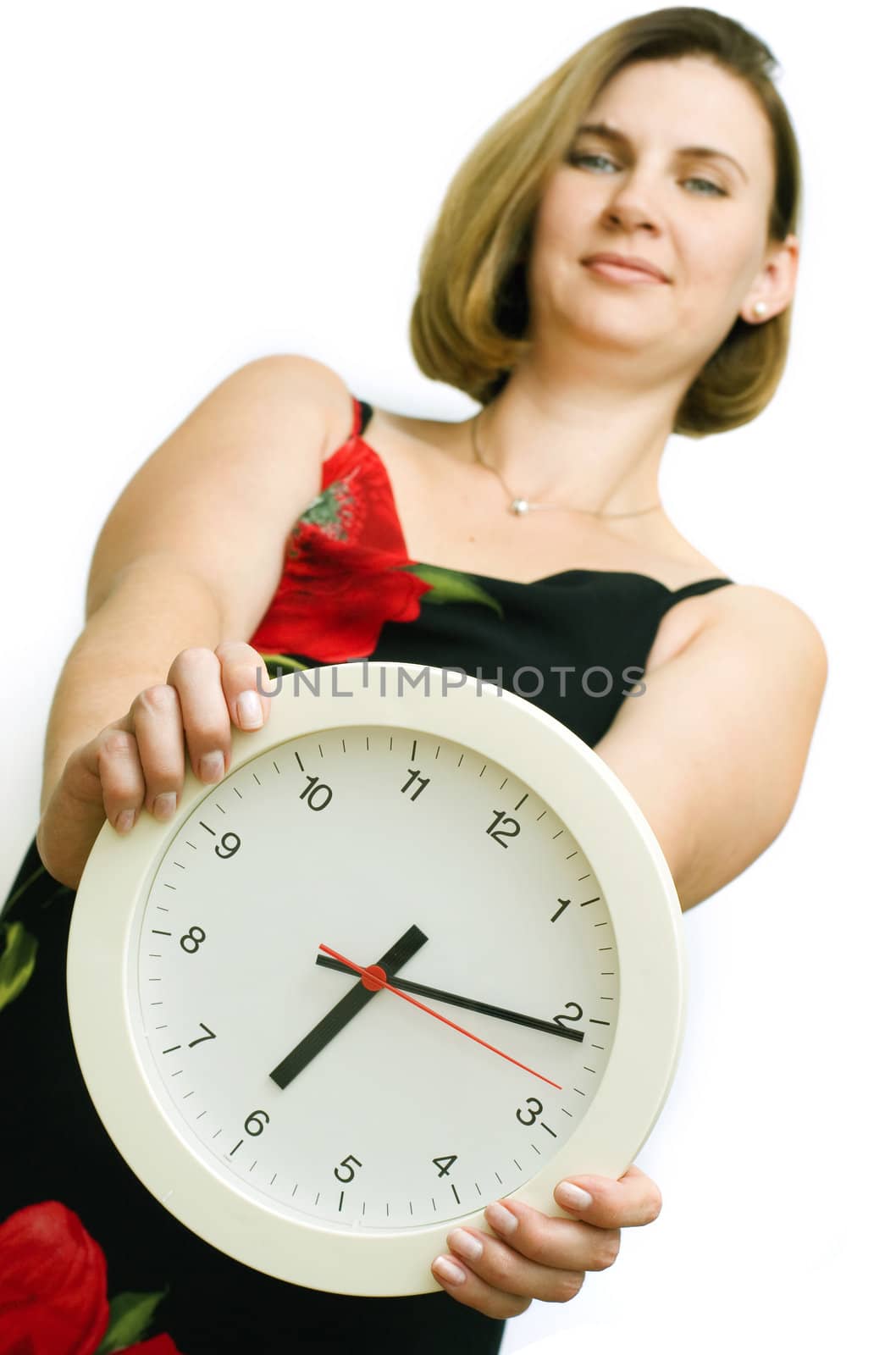 Woman with watch on white background