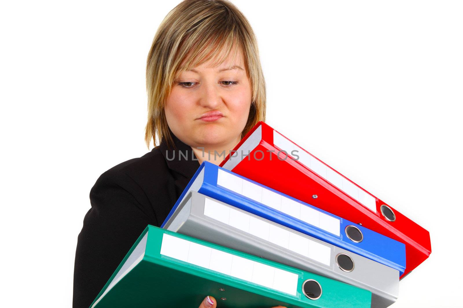 Young woman holding folders on white background