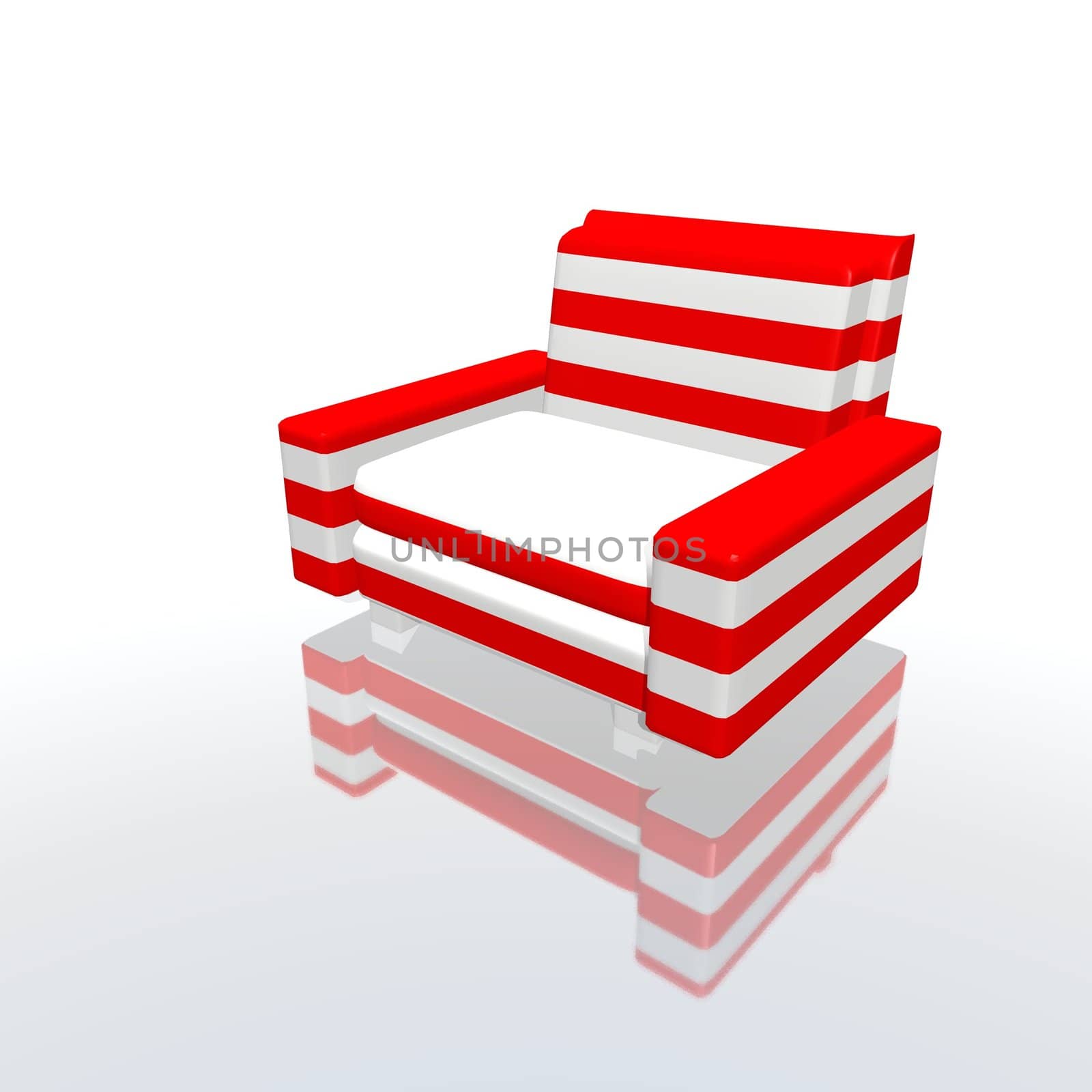 a 3d rendering of red and white armchair