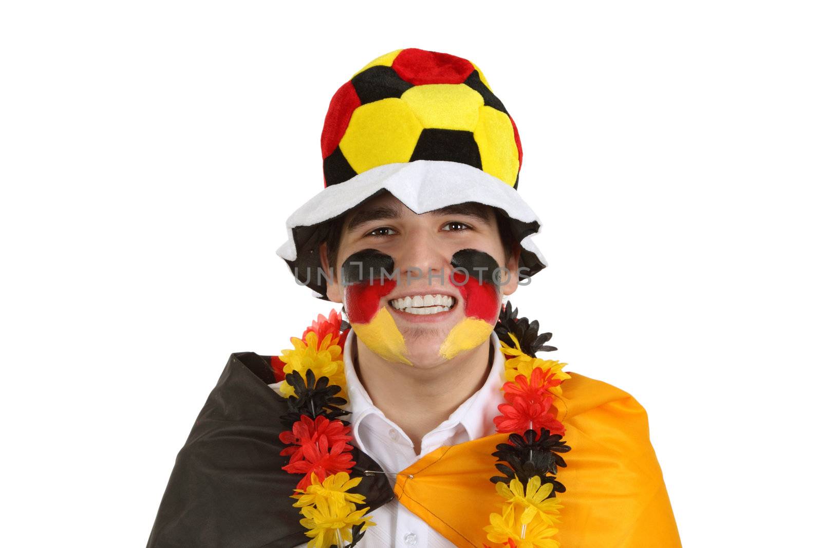 German soccer fan on white background. Shot in studio.