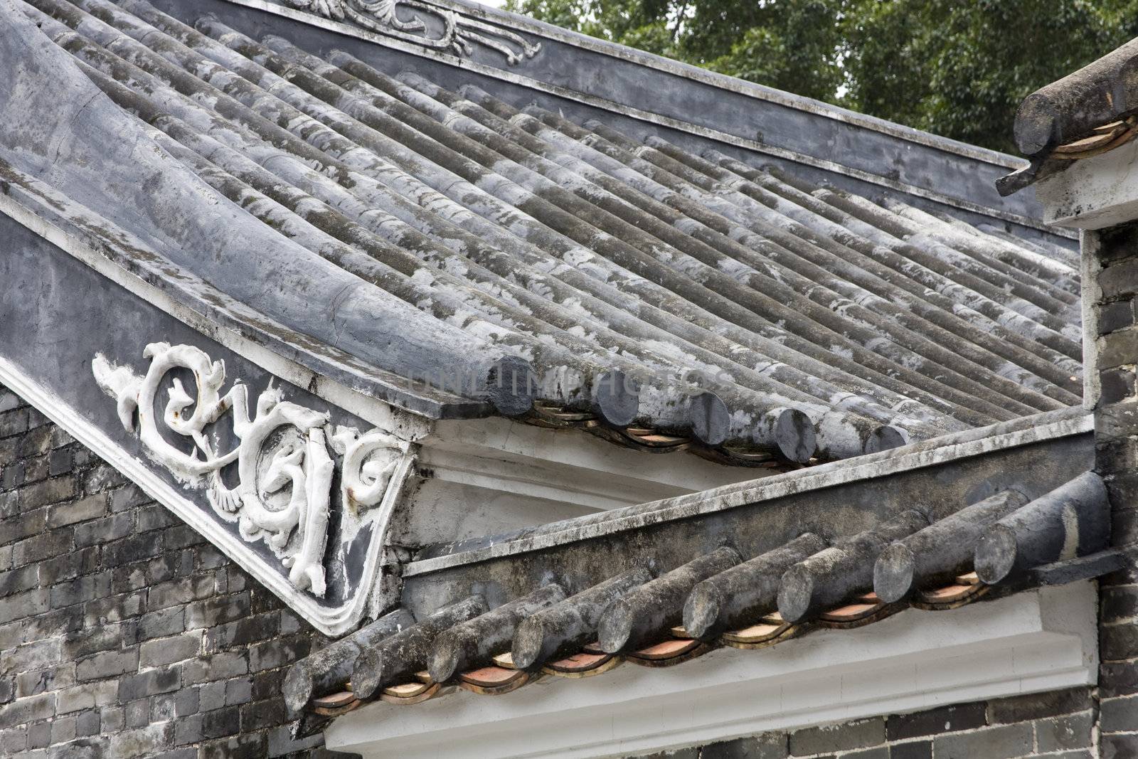 An aerial view over Chinese tiles roofs in an ancient Chinese village