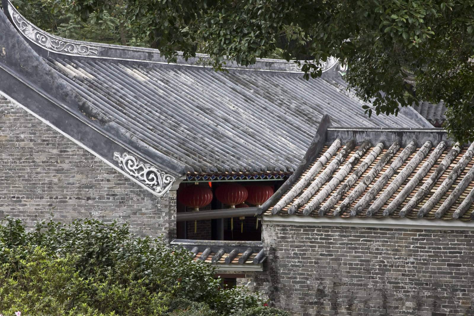 An aerial view over Chinese tiles roofs in an ancient Chinese village