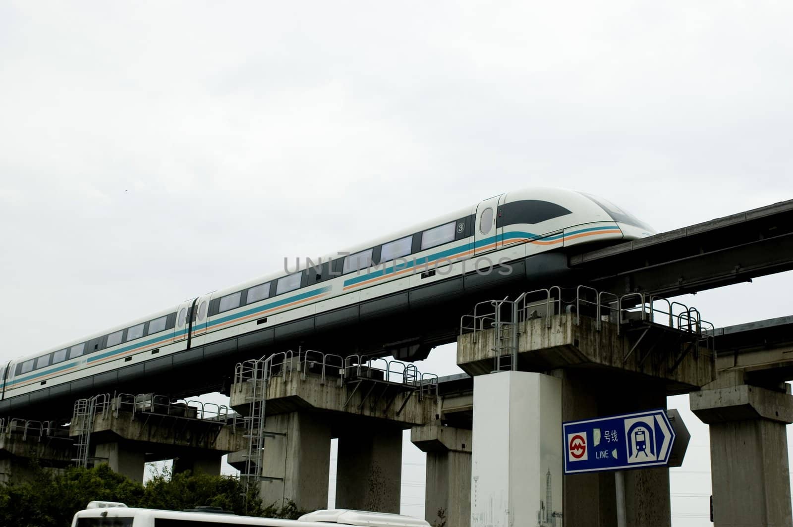 Fast magnetic levitation train going to Shanghai Pudong International Airport. Driving with speed over 400 km/h.