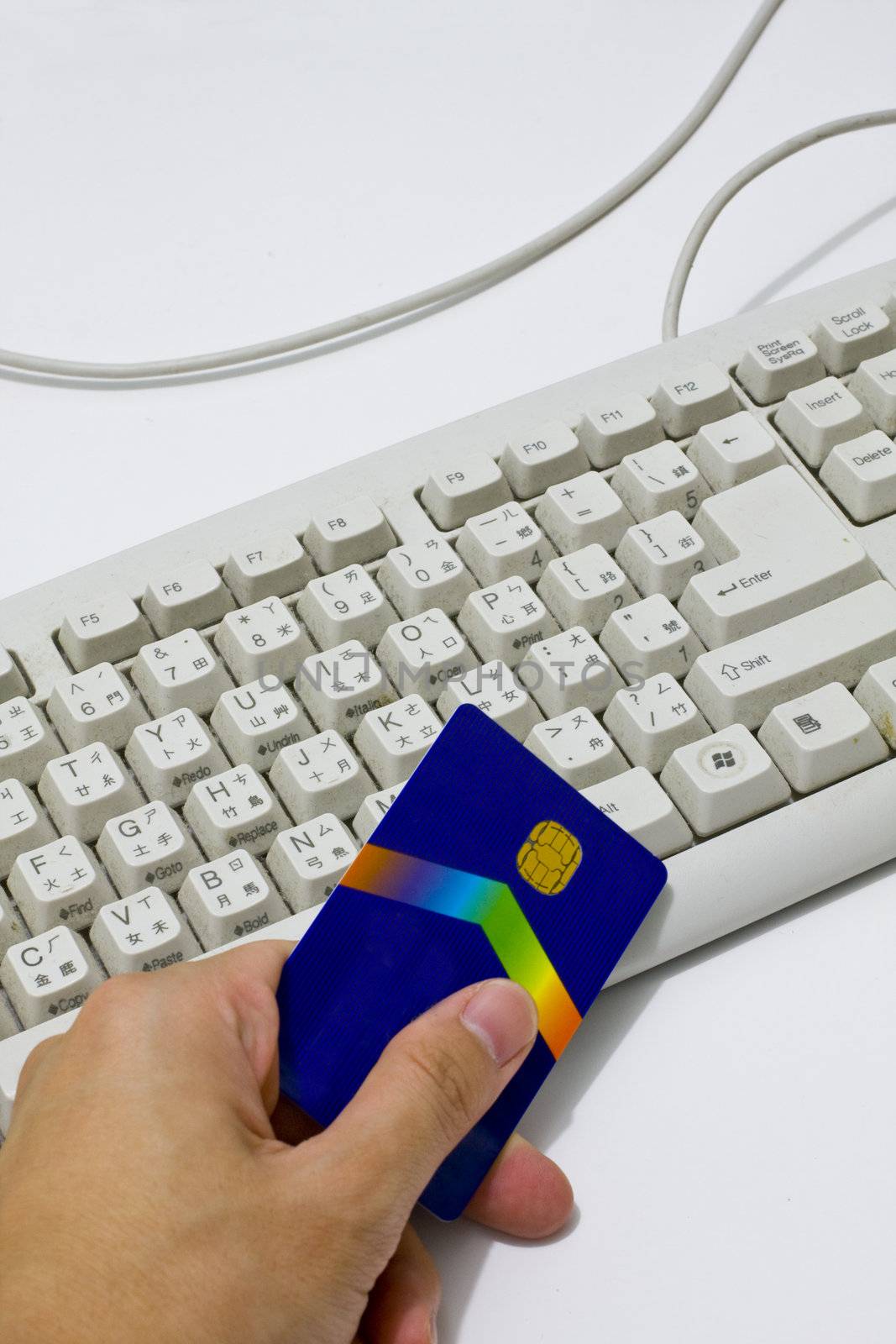 Hand holding a credit card before keyboard. Show online shopping concept.