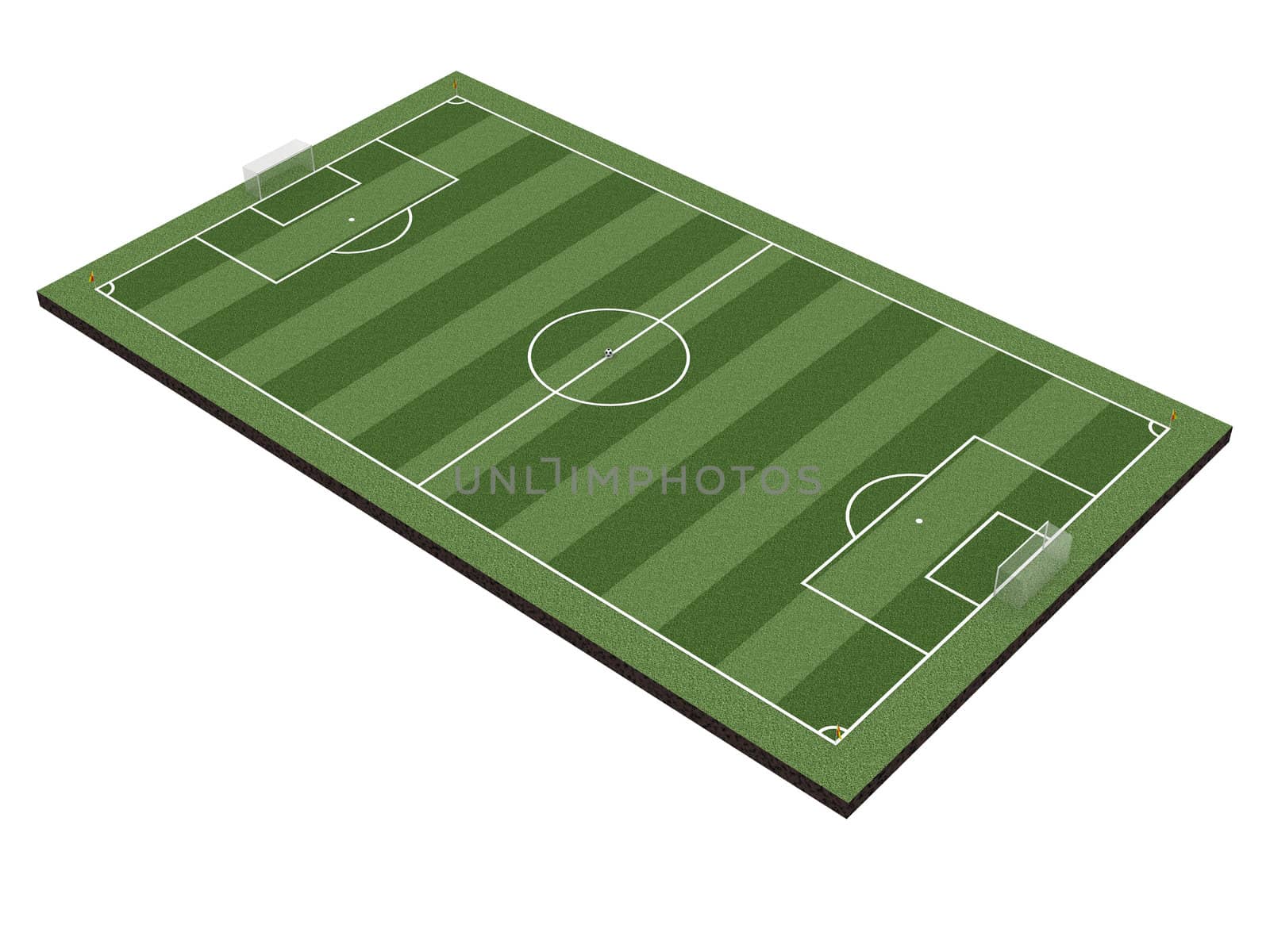 Soccer field with gates, corner flags and soccer ball, isolated on white. High resolution 3D image