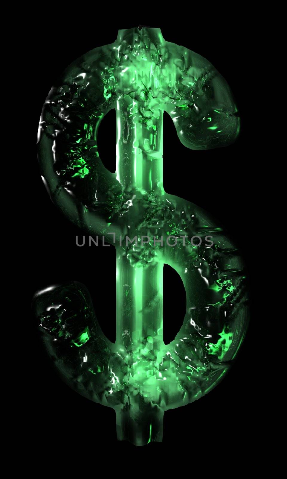 An illustration of an illuminated US dollar sign with a green icy appearance.