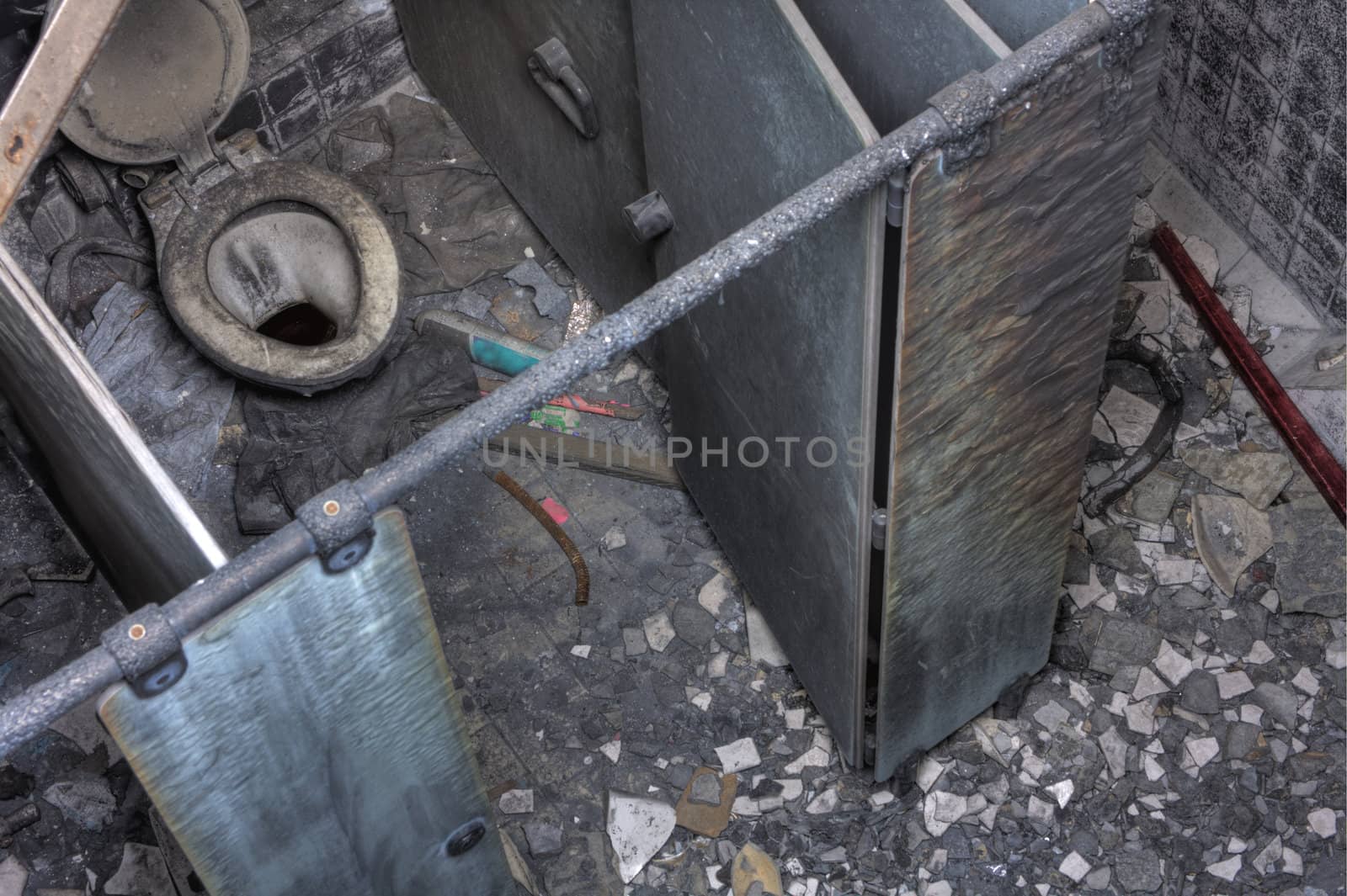 Discarded building, a toilet after fire