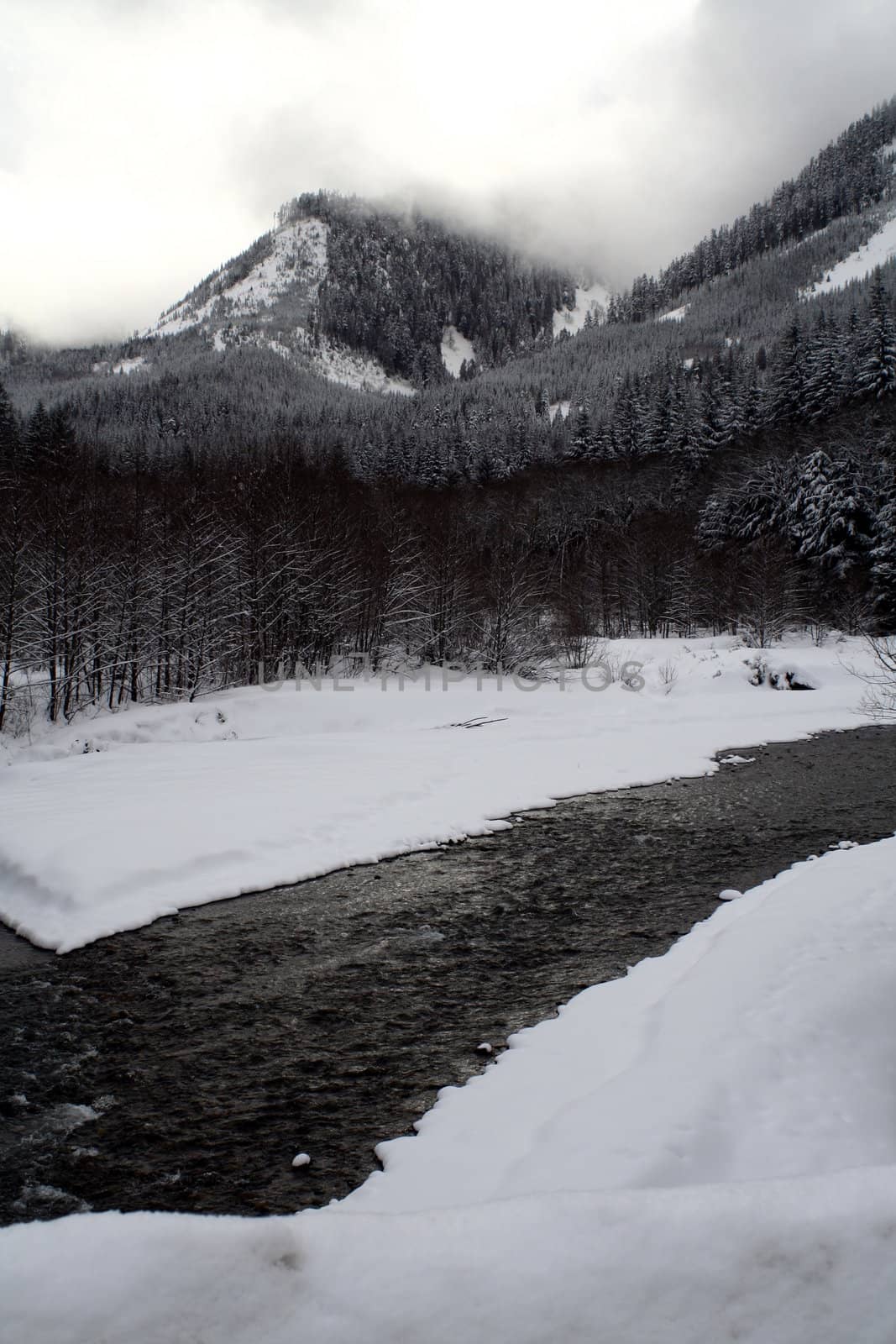 A stream flowing through snow covered mountains.