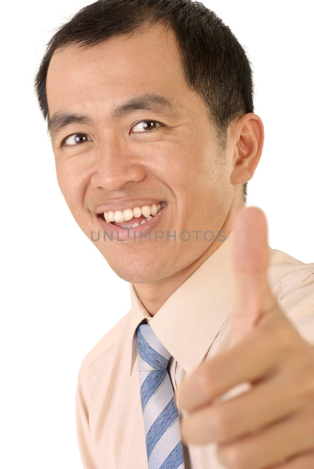Happy businessman going thumb up gesture on white background.