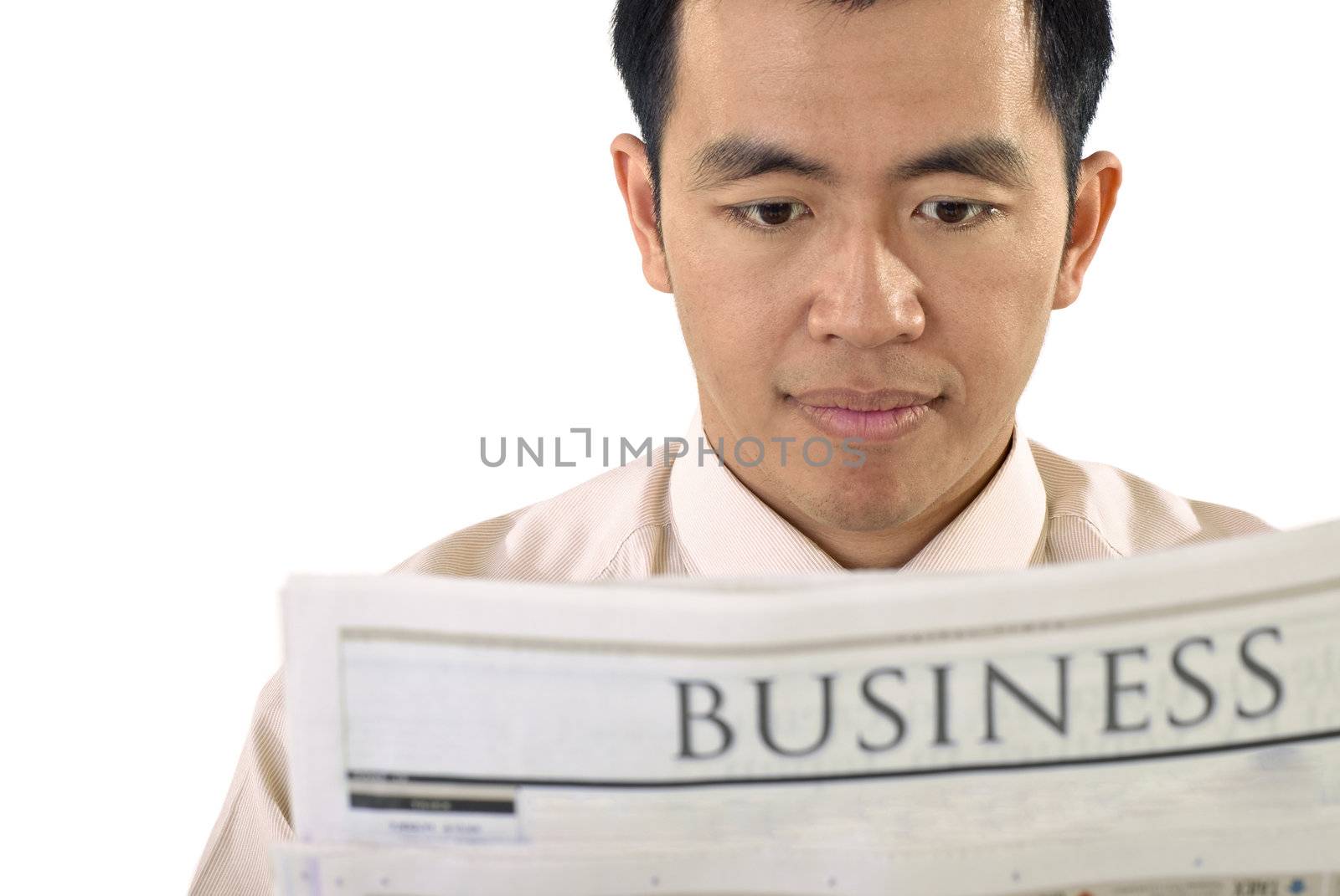 Businessman read newspaper of business on white background.