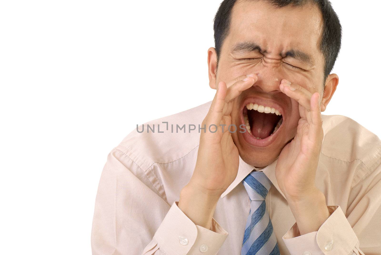 Yelling businessman portrait with mouth open on white background.
