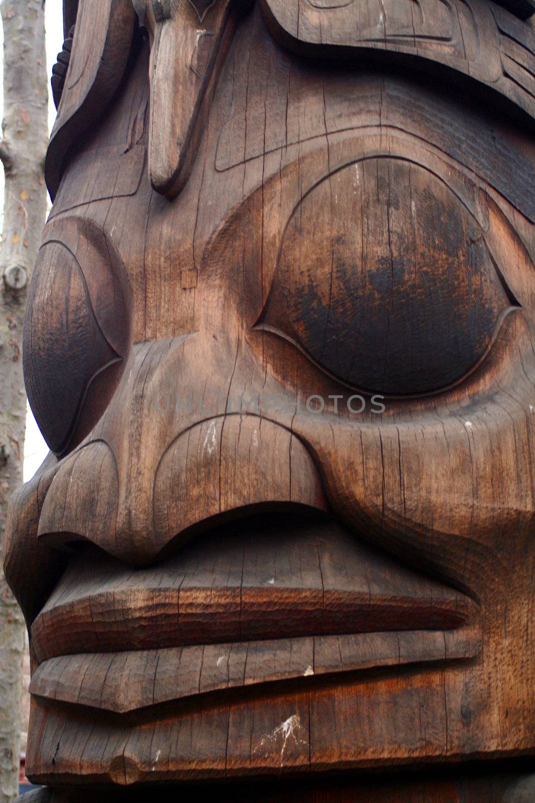 A close up of a Native American totem pole.